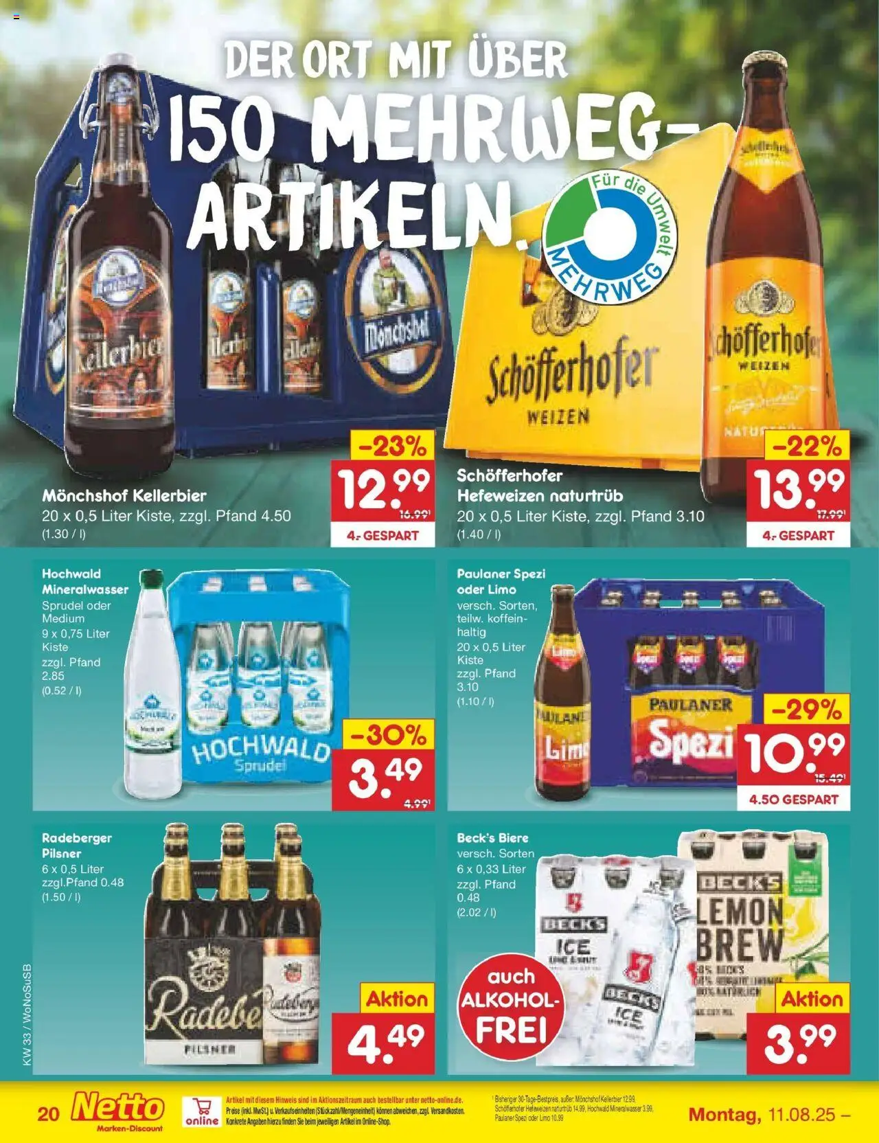 Netto Marken-Discount prospekt Lahnau	 - gültig ab dem 10.08.2025 | Seite: 26 | Produkte: Monchshof, Paulaner spezi, Mineralwasser, Paulaner