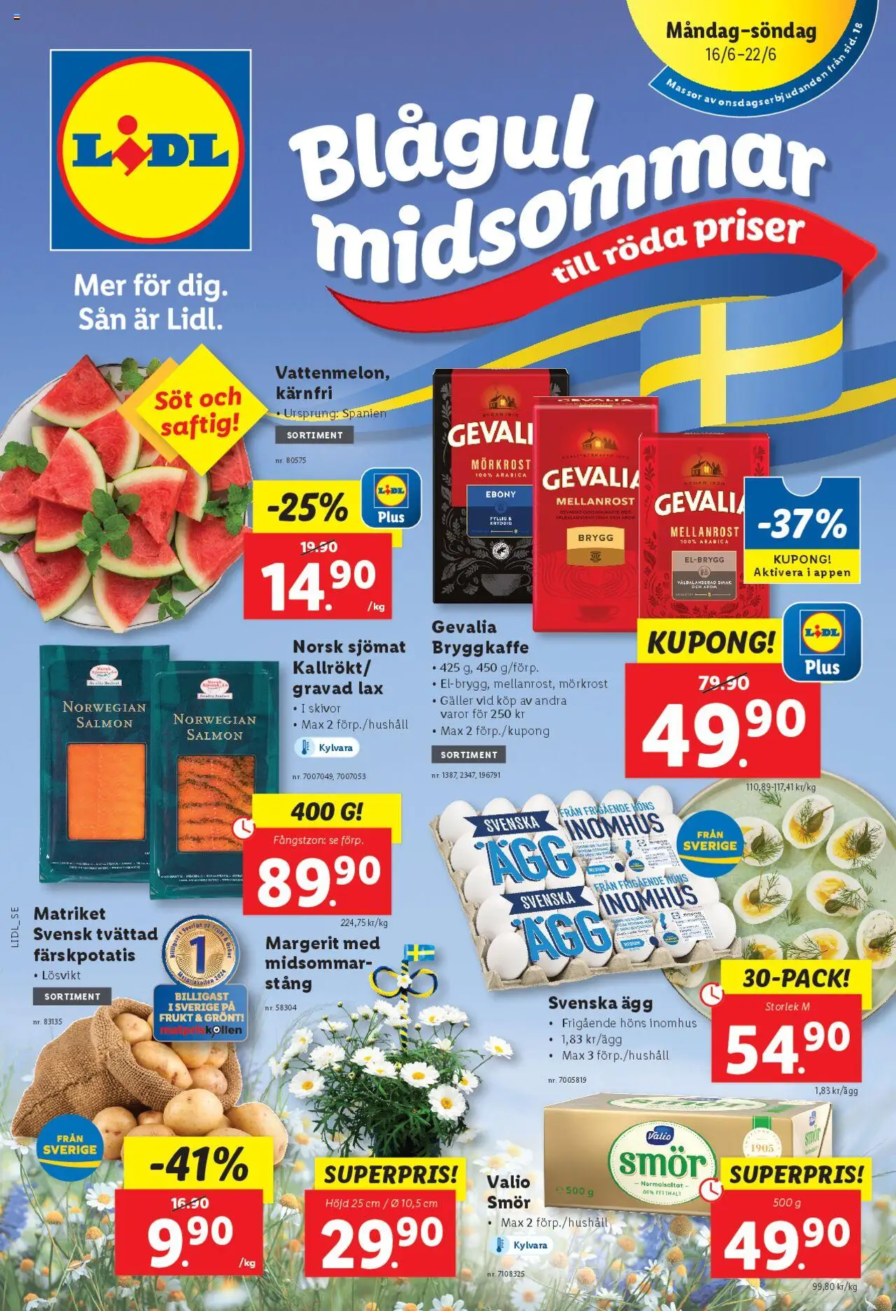 Lidl reklamblad aktuell från 16.06.2025 | Sida: 1 | Produkter: Galler, Lax, Ägg, Kaffe