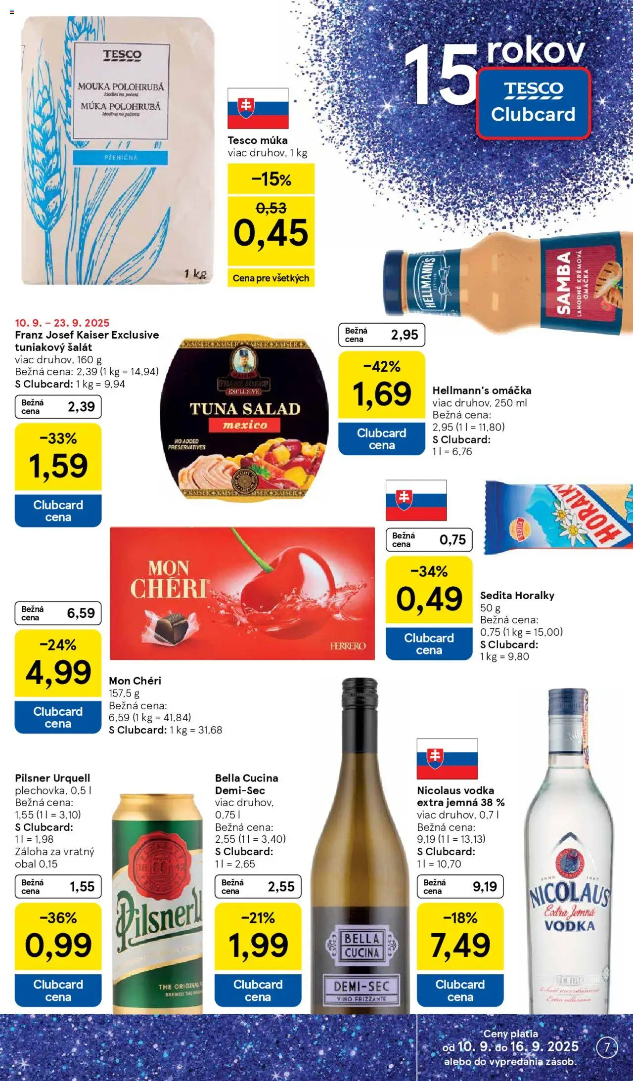 Nové Tesco akcie – leták je platný od 10.09.2025 | Strana: 7 | Produkty: Pilsner Urquell, Vodka, Omáčka, Nicolaus vodka