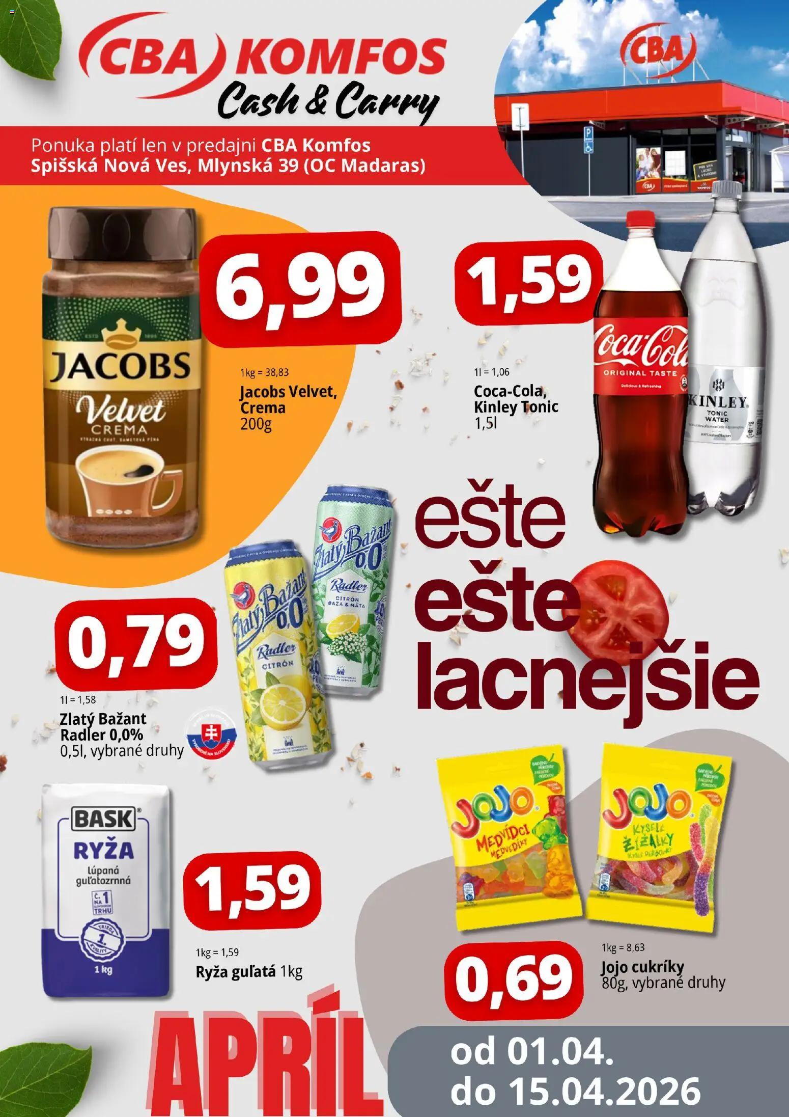 Nové CBA Komfos akcie – leták je platný od 01.04.2026 | Strana: 1 | Produkty: Ryža, Radler, Zlatý Bažant, Cukríky