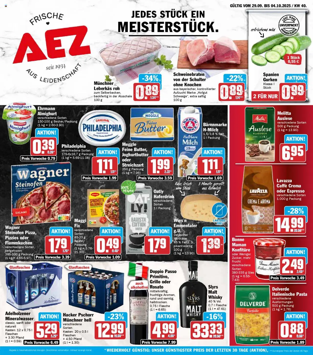 AEZ Prospekt 	 – gültig ab 29.09.2025 | Seite: 1 | Produkte: Melitta, Butter, Mineralwasser, Doppio Passo