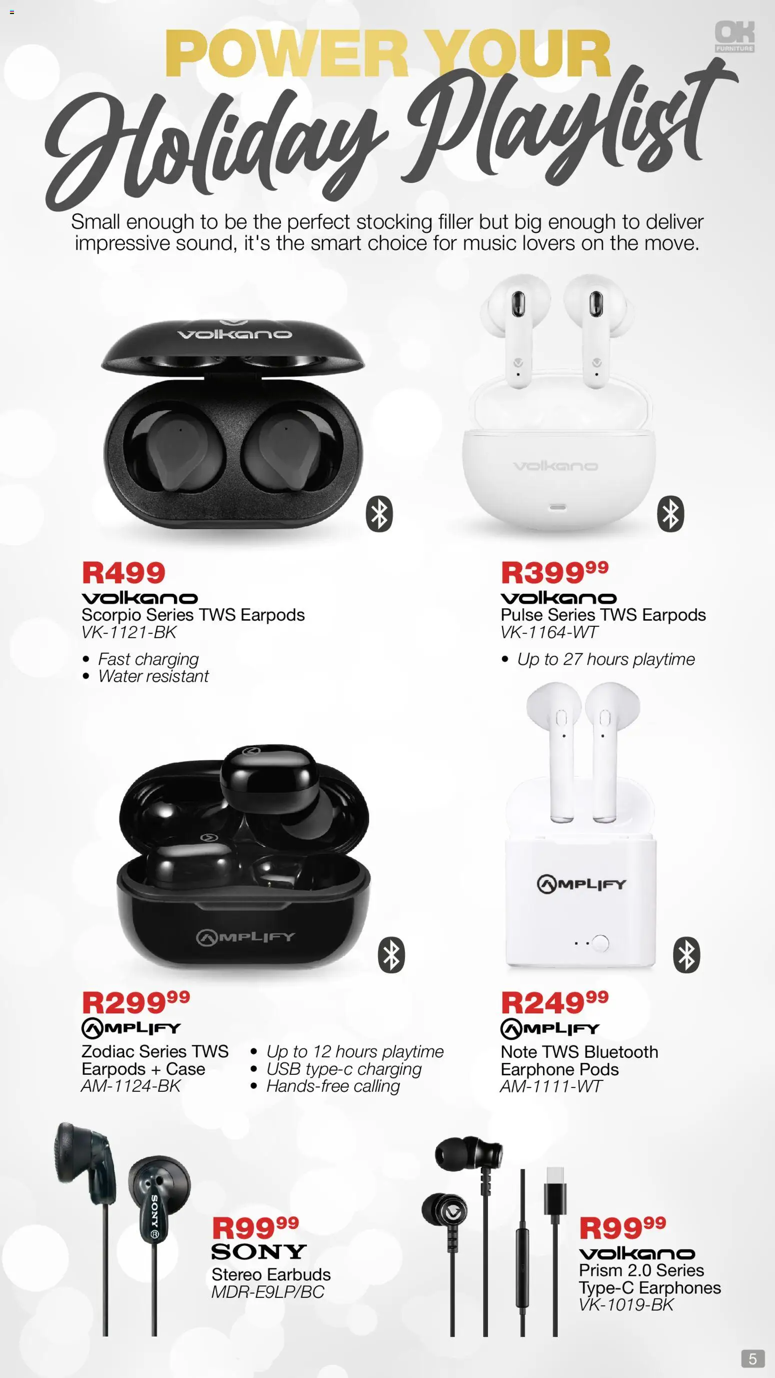 New OK Furniture catalogue – valid from 01.12.2025 | Page: 5 | Products: Earphones, Earbuds, USB, Water
