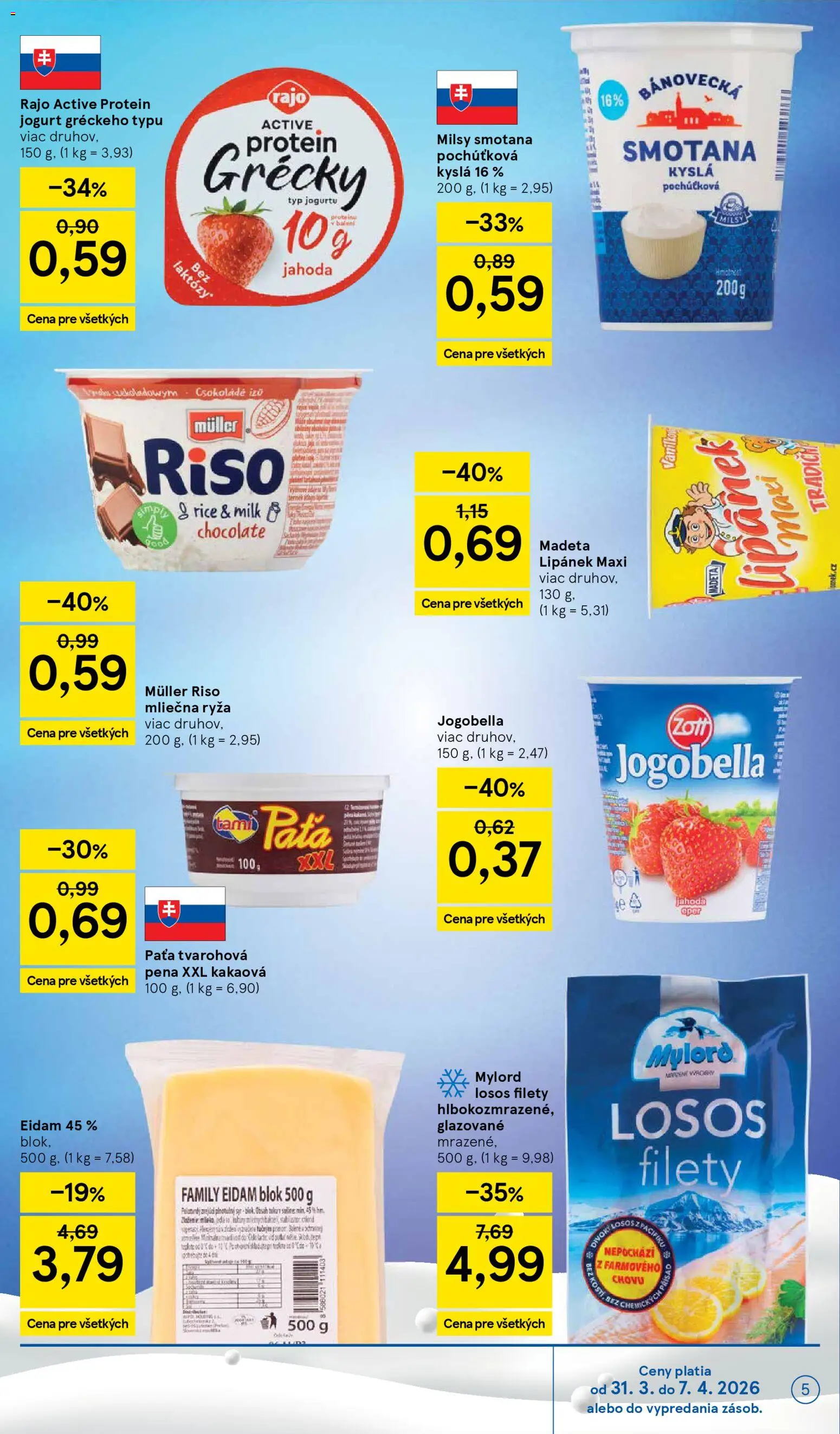 Nové Tesco akcie – leták je platný od 31.03.2026 | Strana: 5 | Produkty: Jogurt, Ryža, Smotana, Losos
