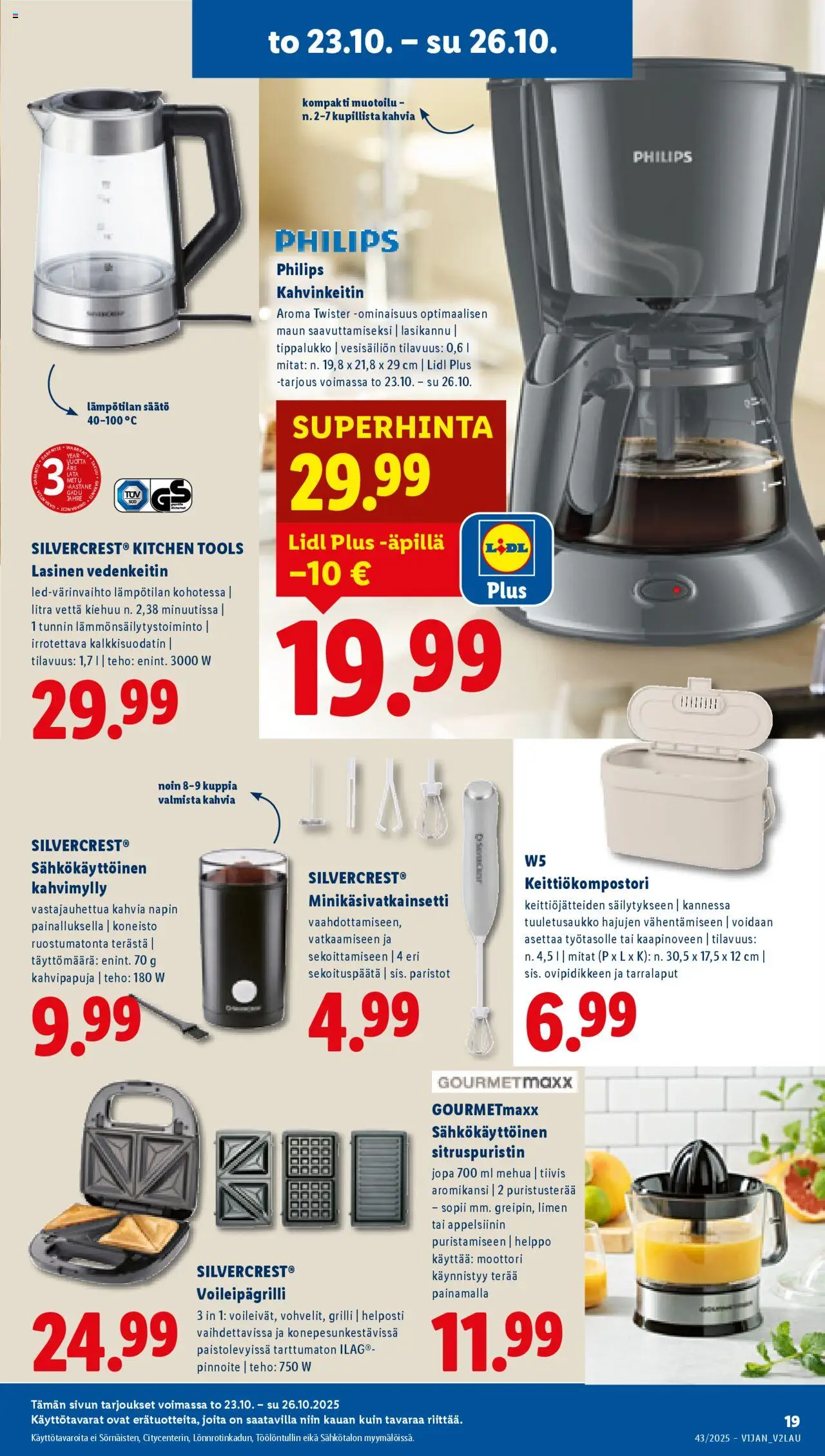 Lidl tarjoukset - Tampere – voimassa 23.10.2025 alkaen | Sivu: 23 | Tuotteet: Grilli, Kahvinkeitin, Vedenkeitin, Voileipägrilli