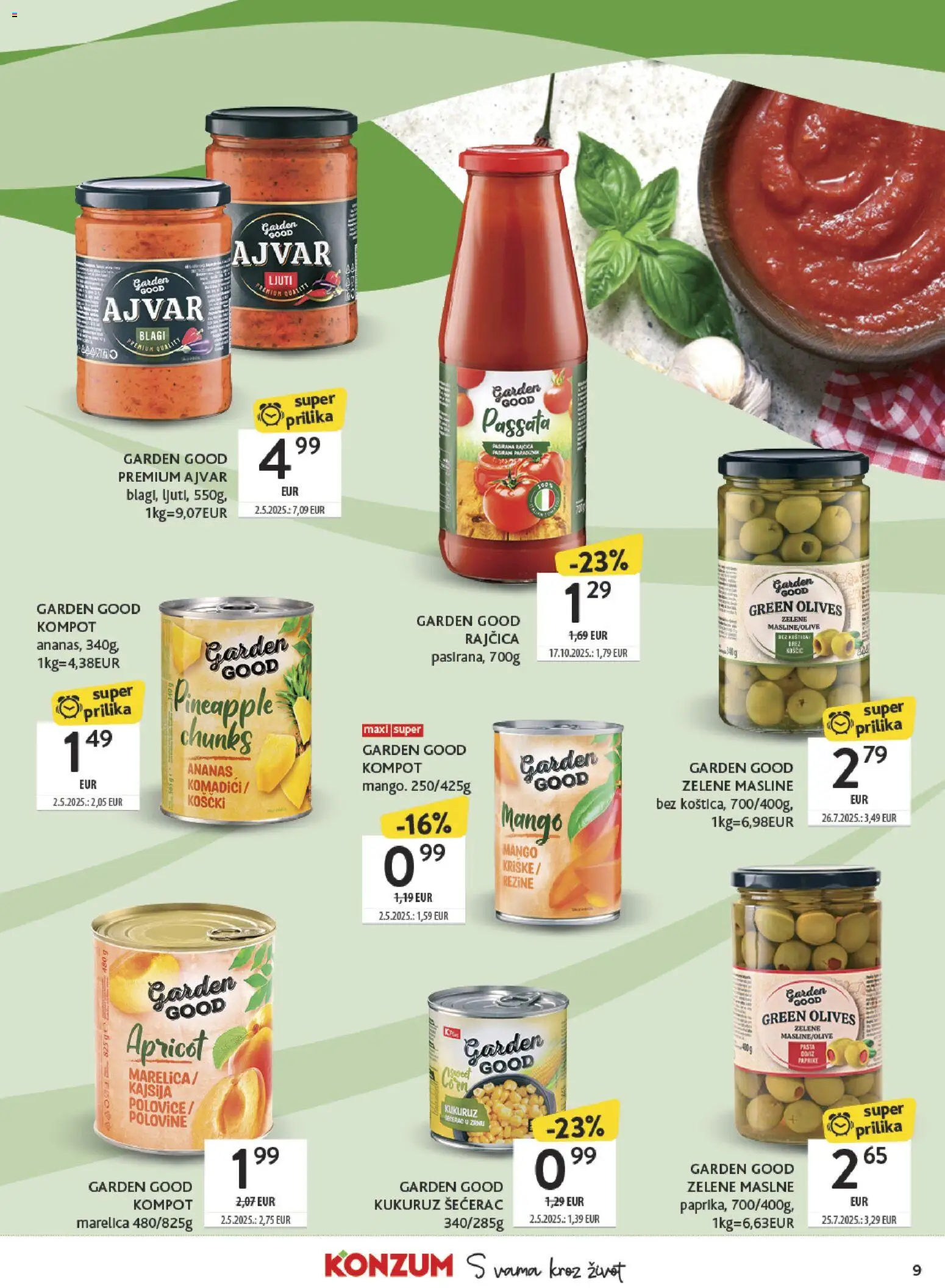 Konzum katalog | vrijedi od 19.01.2026 | Stranica: 9 | Proizvodi: Kukuruz, Masline, Pasta, Kompot
