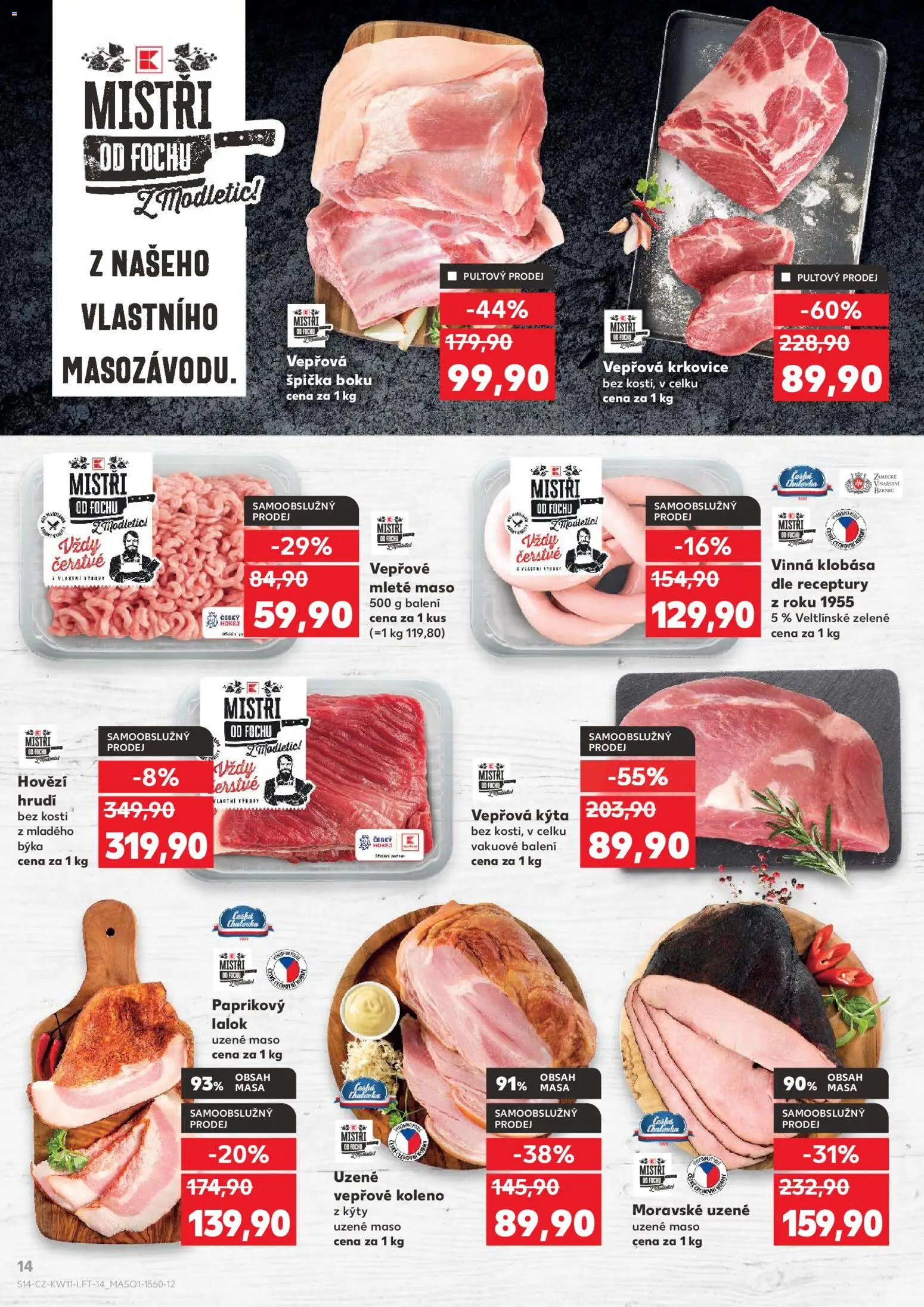 Kaufland leták od 11.03.2026 | Strana: 14 | Produkty: Vepřové koleno, Moravské uzené, Vepřová Kýta, Krkovice