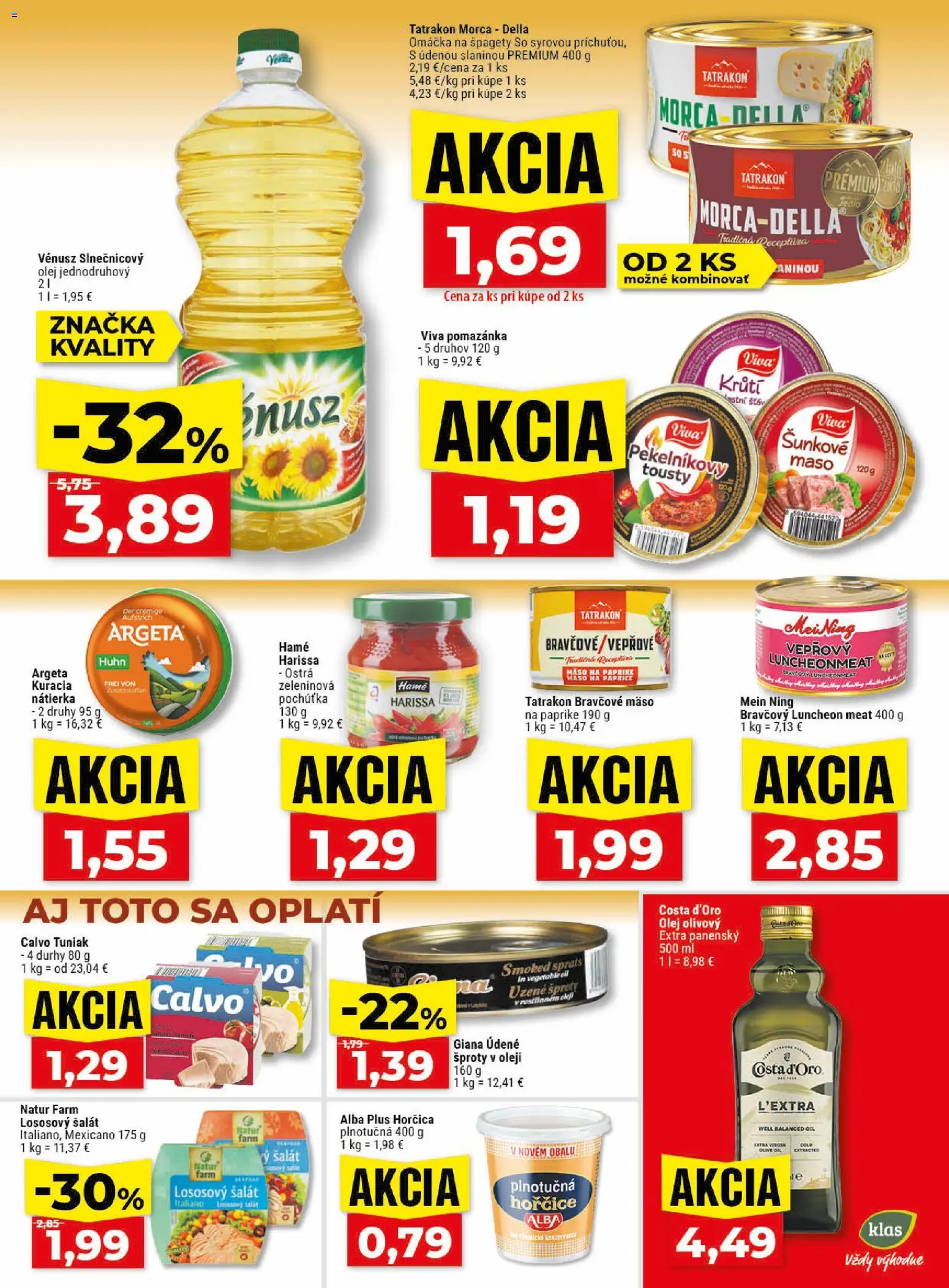 Nové Klas akcie – leták je platný od 27.04.2026 | Strana: 16 | Produkty: Olej, Tuniak, Omáčka, Morca Della