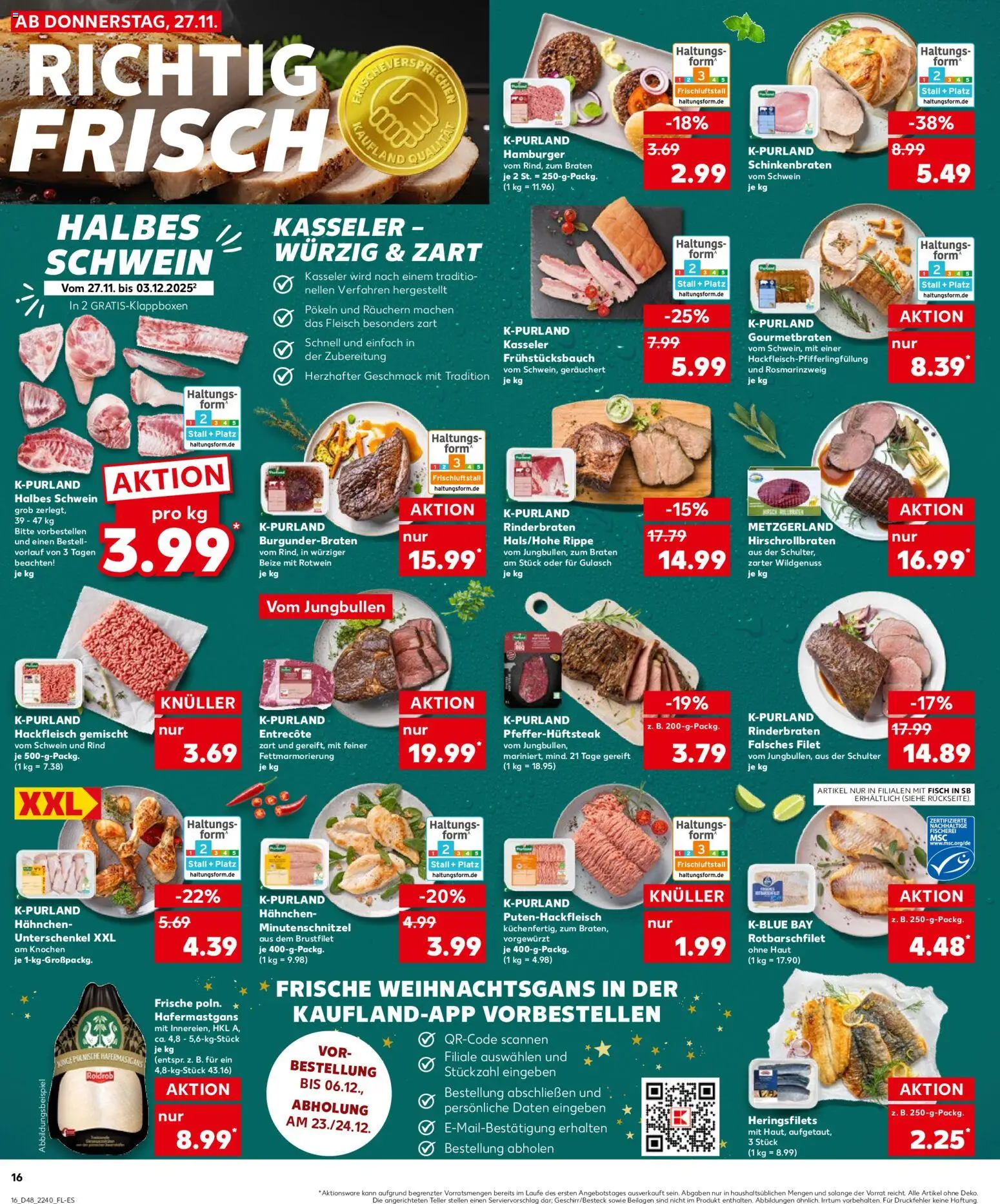 Kaufland prospekt Stuttgart	 – gültig ab 27.11.2025 | Seite: 16 | Produkte: Rinderbraten, Hahnchen, Fisch, Hackfleisch