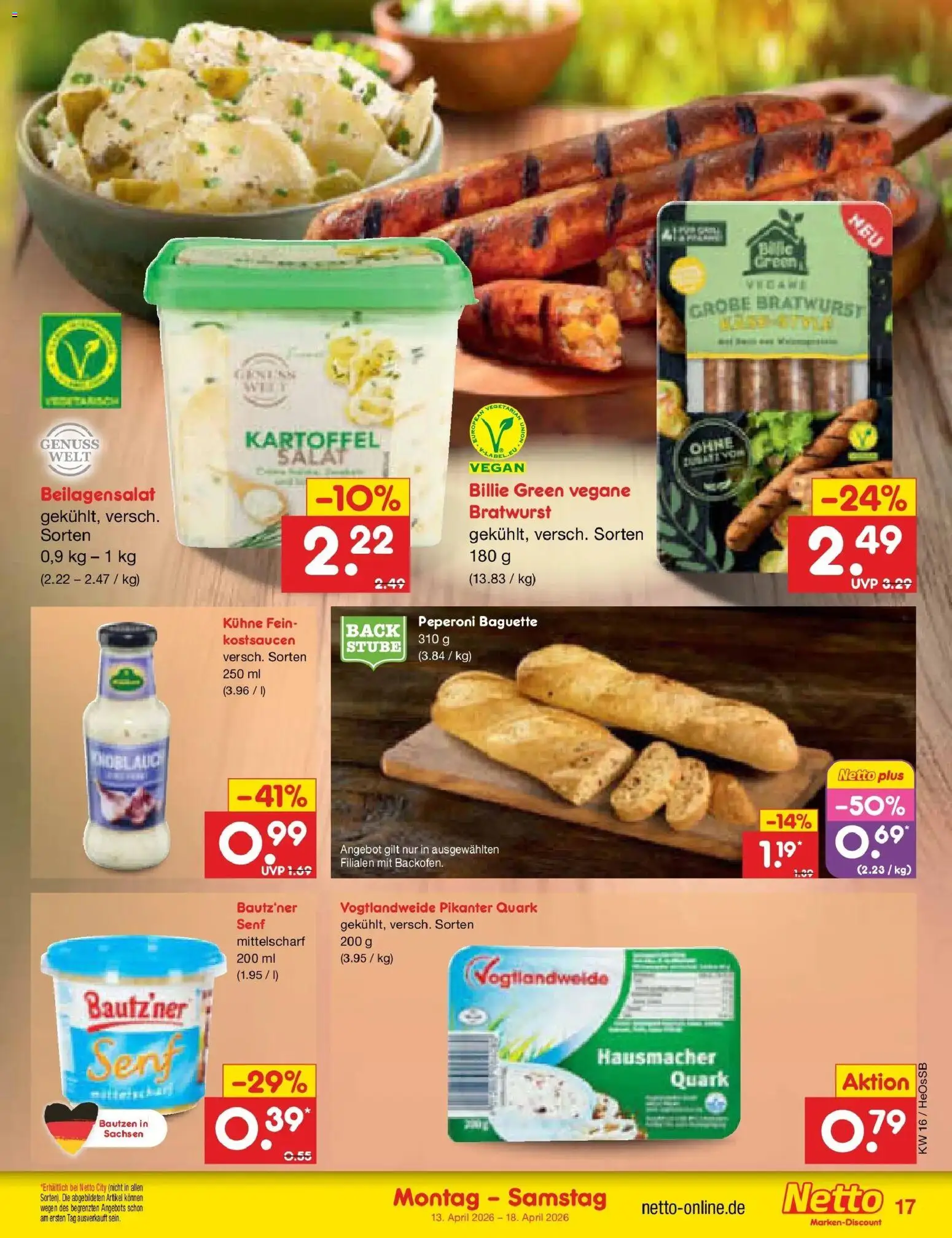 Netto Marken-Discount Prospekt Kröpelin	 – gültig ab 13.04.2026 | Seite: 19 | Produkte: Quark, Bratwurst, Baguette, Salat