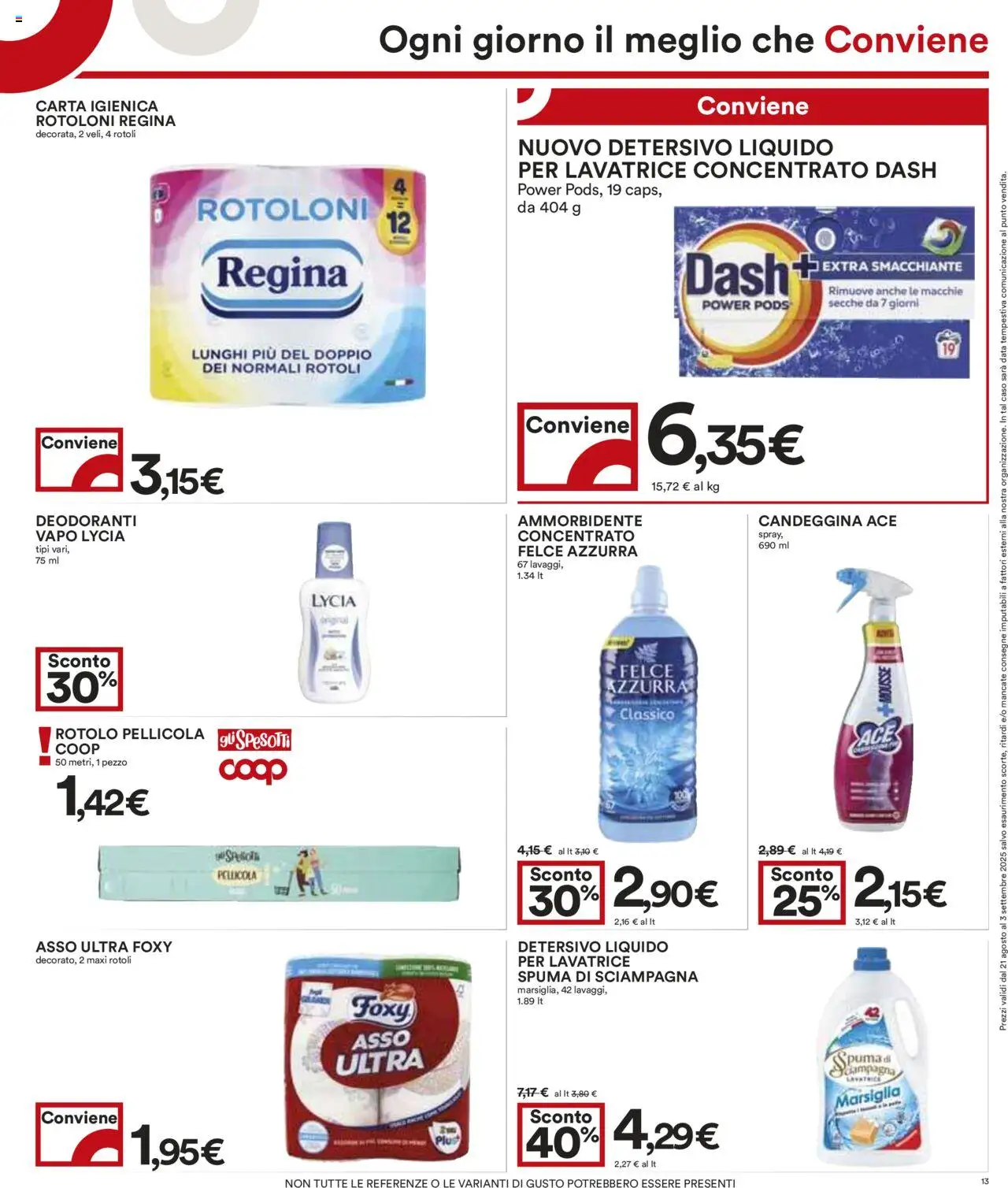 Volantino COOP del 21.08.2025 | Pagina: 13 | Prodotti: Ammorbidente, Candeggina, Lavatrice, Pellicola