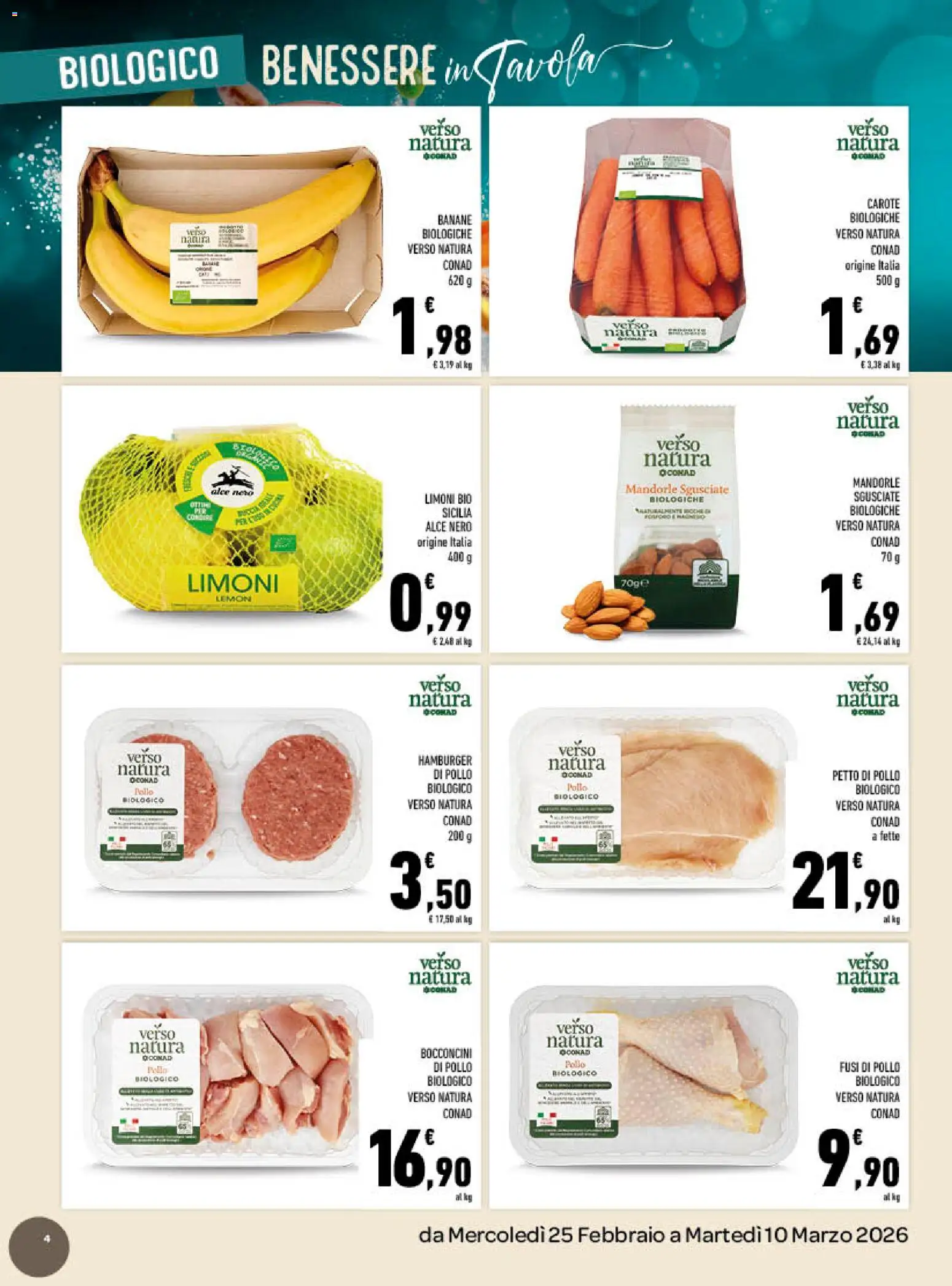 Volantino Conad del 25.02.2026 | Pagina: 4 | Prodotti: Petto di Pollo, Carote, Mandorle, Hamburger
