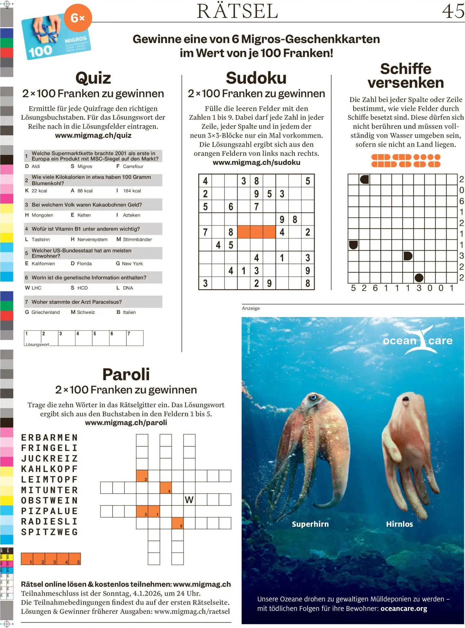 Migros Magazin – gültig ab 29.12.2025 | Seite: 45 | Produkte: Orangen, Blumenkohl, Wasser