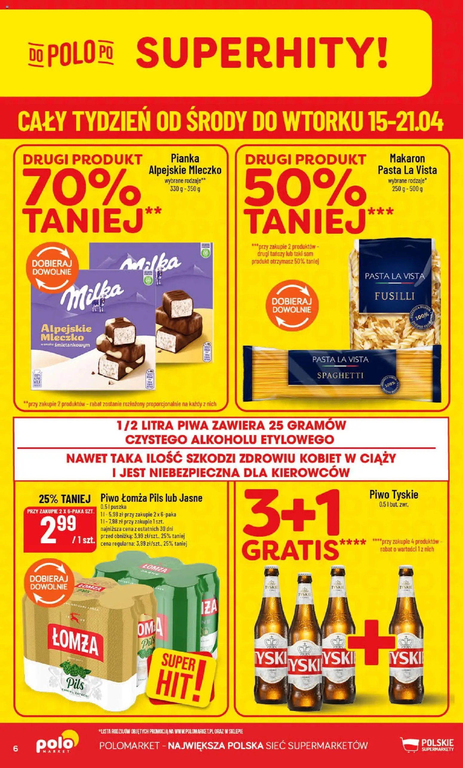 POLOmarket gazetka od 15.04.2026 | Strona: 6 | Produkty: Milka, Tyskie, Piwo, Makaron