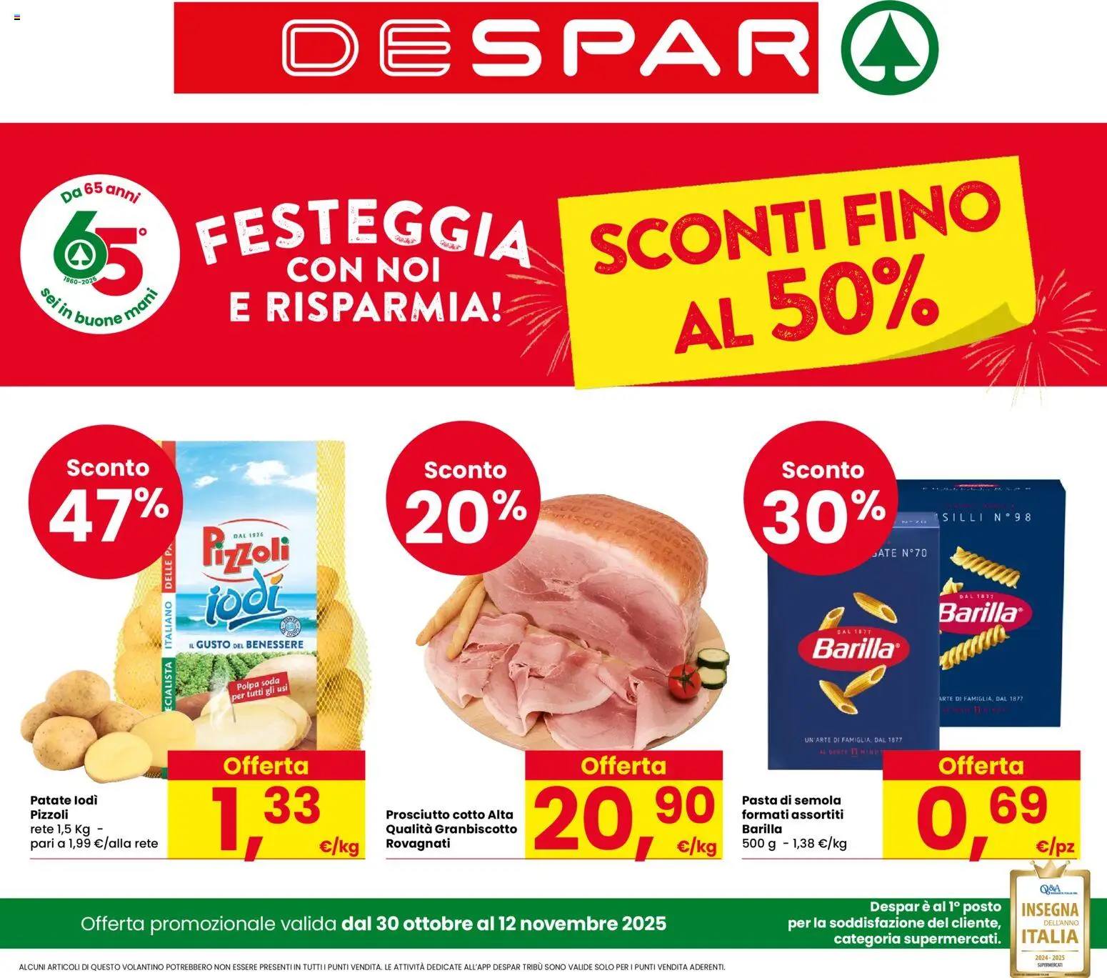 Volantino Despar del 30.10.2025 | Pagina: 1 | Prodotti: Prosciutto Cotto, Patate, Prosciutto, Pasta