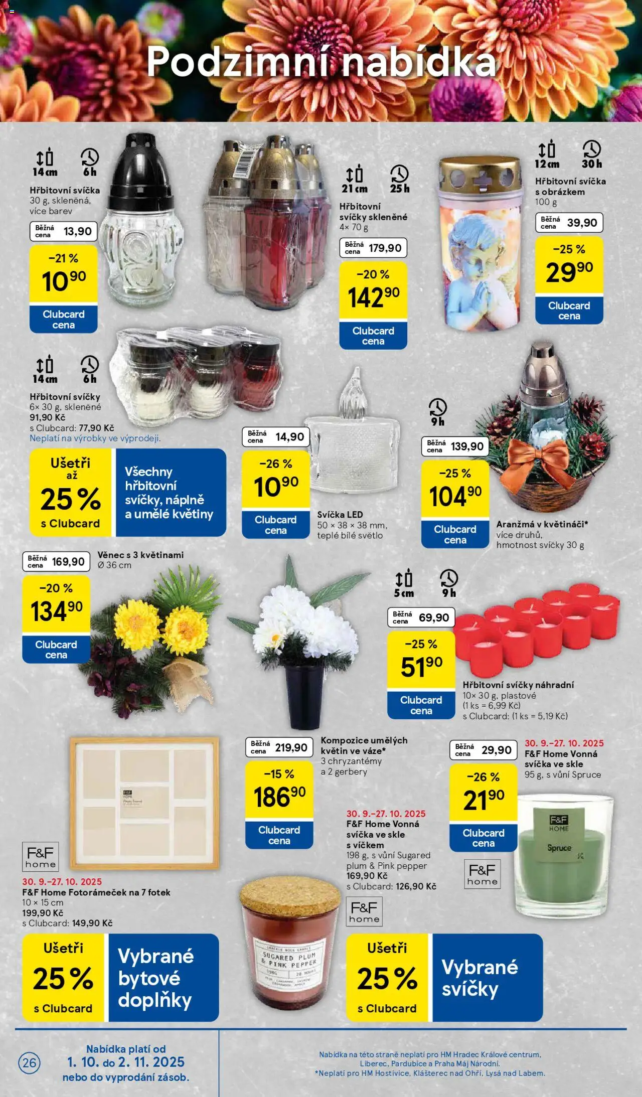 Tesco leták - Hypermarket od 01.10.2025 | Strana: 26 | Produkty: Hřbitovní svíčky, Svíčka, Svíčky, Květiny