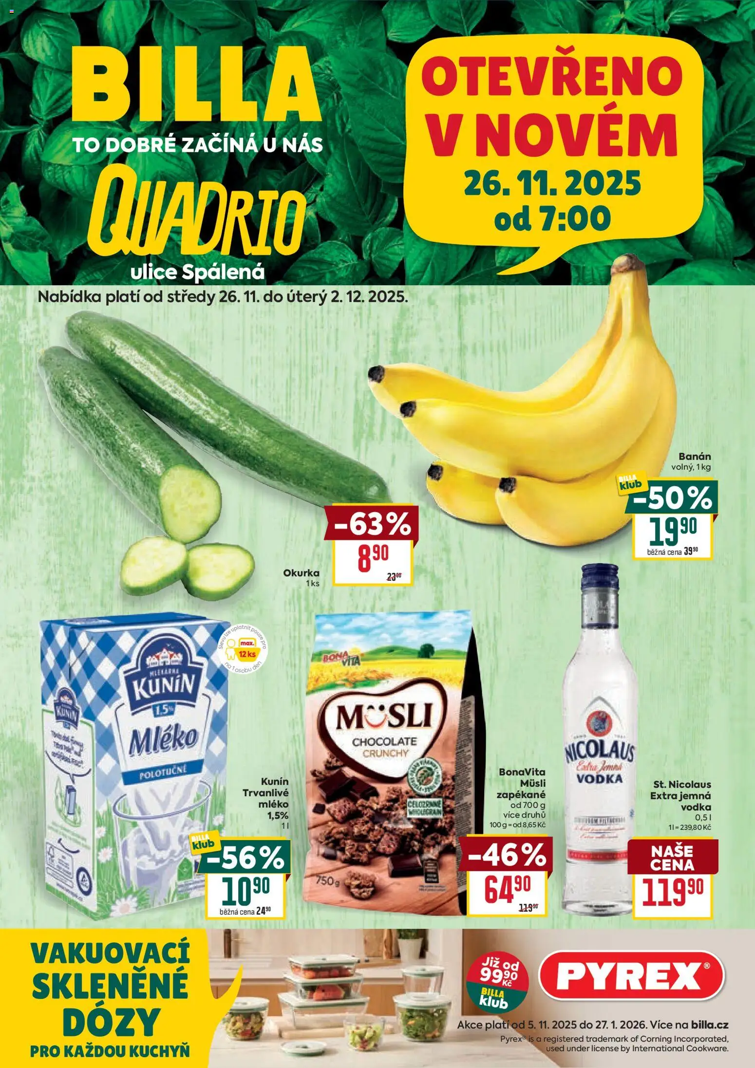 Billa leták - Speciál: Praha Quadrio od 26.11.2025 | Strana: 1 | Produkty: Dózy, Vodka, Banán, Müsli