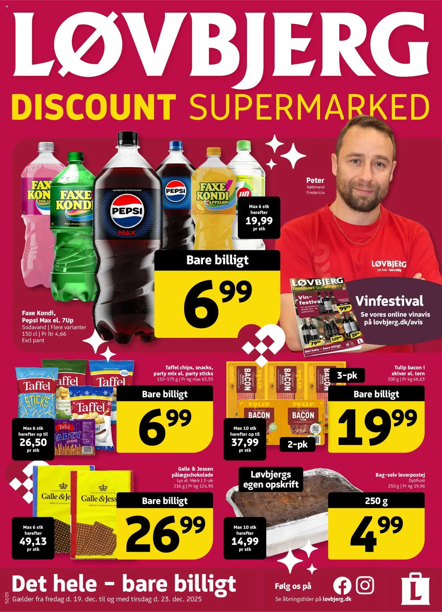 Løvbjerg tilbudsavis – gyldig fra 19.12.2025 | Side: 1 | Produkter: Vin, Bacon, Pålægschokolade, Pepsi Max