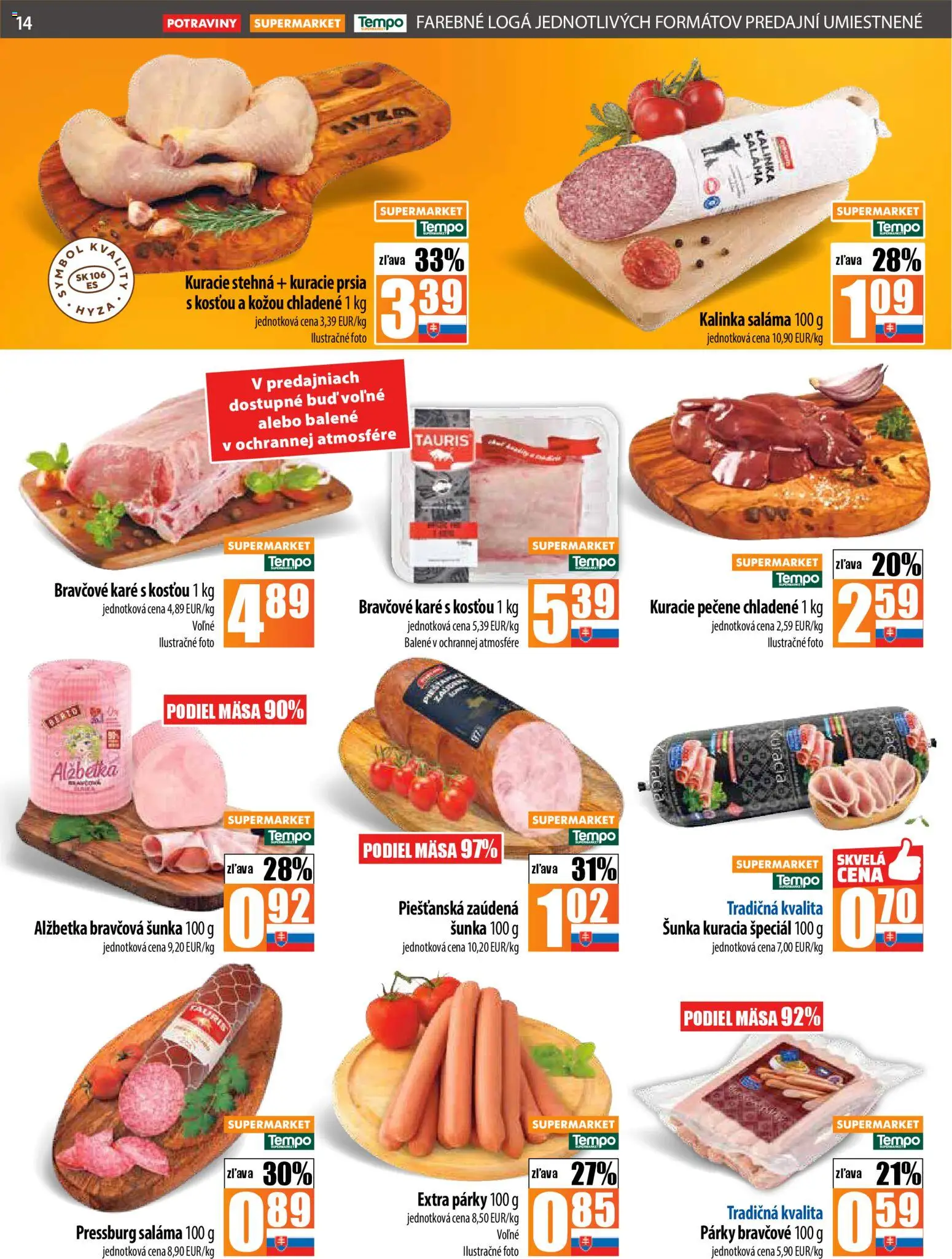 Nové COOP Jednota akcie – leták je platný od 23.10.2025 | Strana: 14 | Produkty: Saláma, Kuracie stehná, Párky, Bravčové karé
