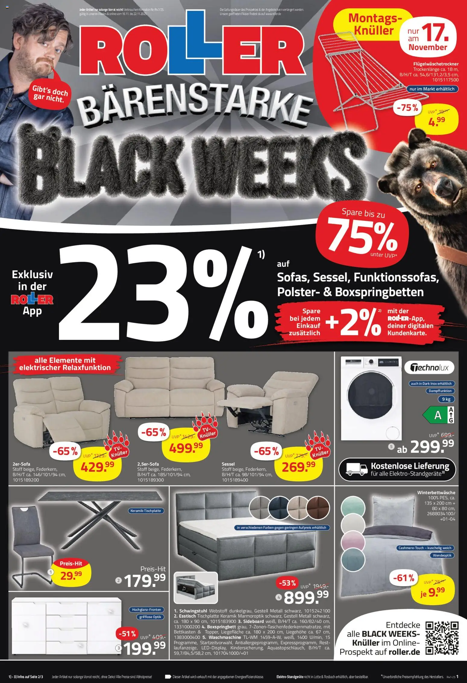Roller - Black Friday – gültig ab 16.11.2025 | Seite: 1 | Produkte: Sideboard, Sessel, Boxspringbett, Waschmaschine