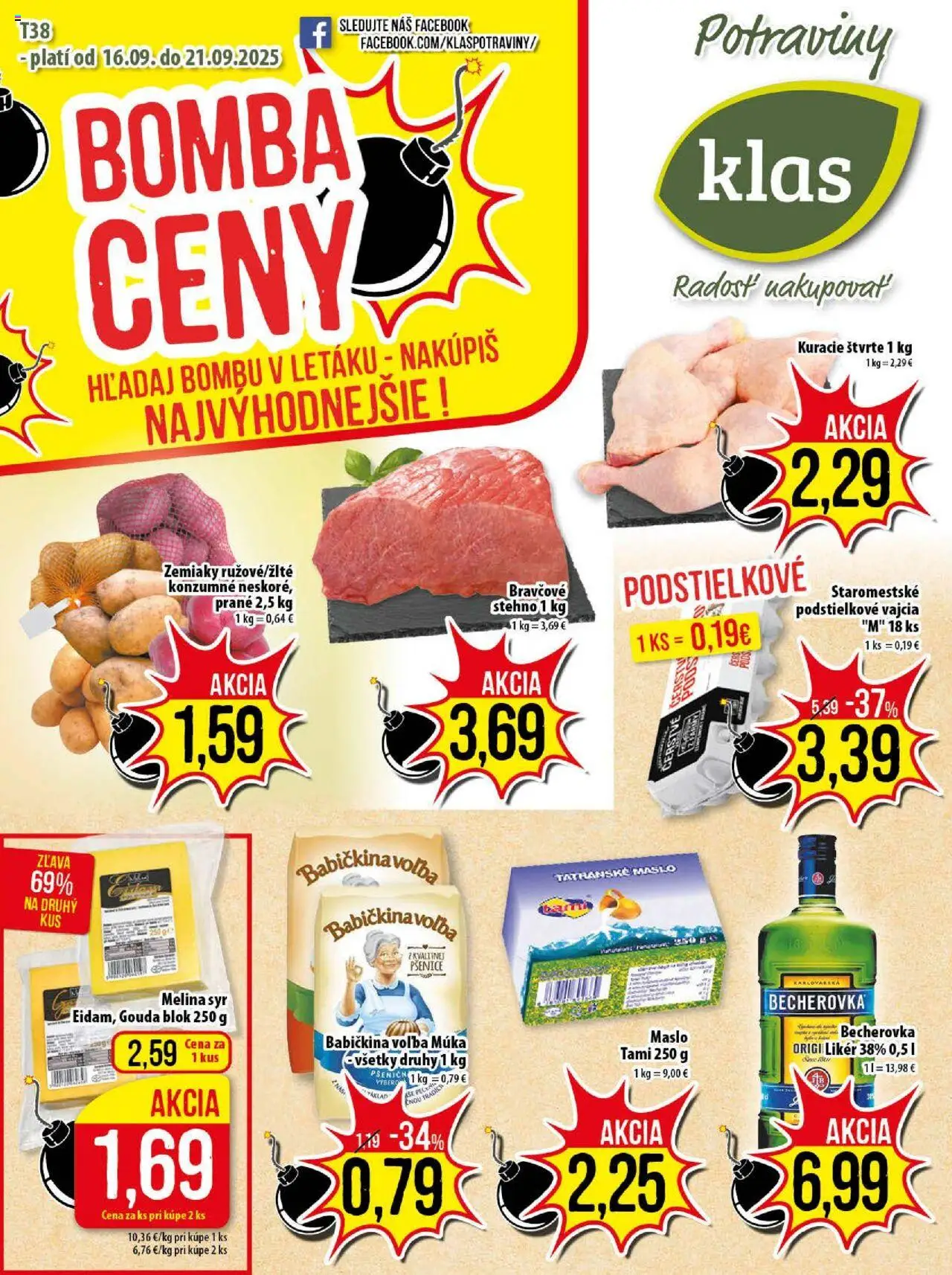 Nové Klas akcie – leták je platný od 16.09.2025 | Strana: 1 | Produkty: Maslo, Becherovka, Syr, Gouda