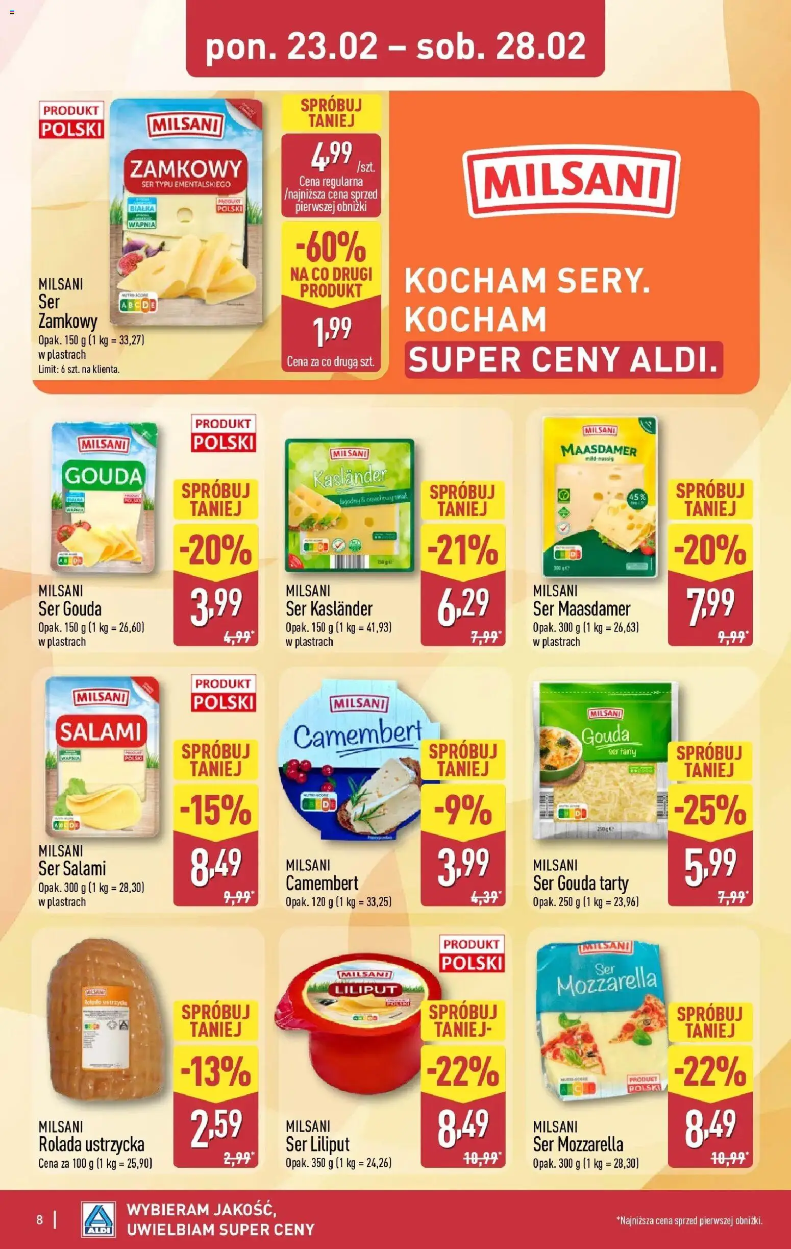 Aldi Gazetka od 23.02.2026 | Strona: 8 | Produkty: Camembert, Ser, Salami, Mozzarella