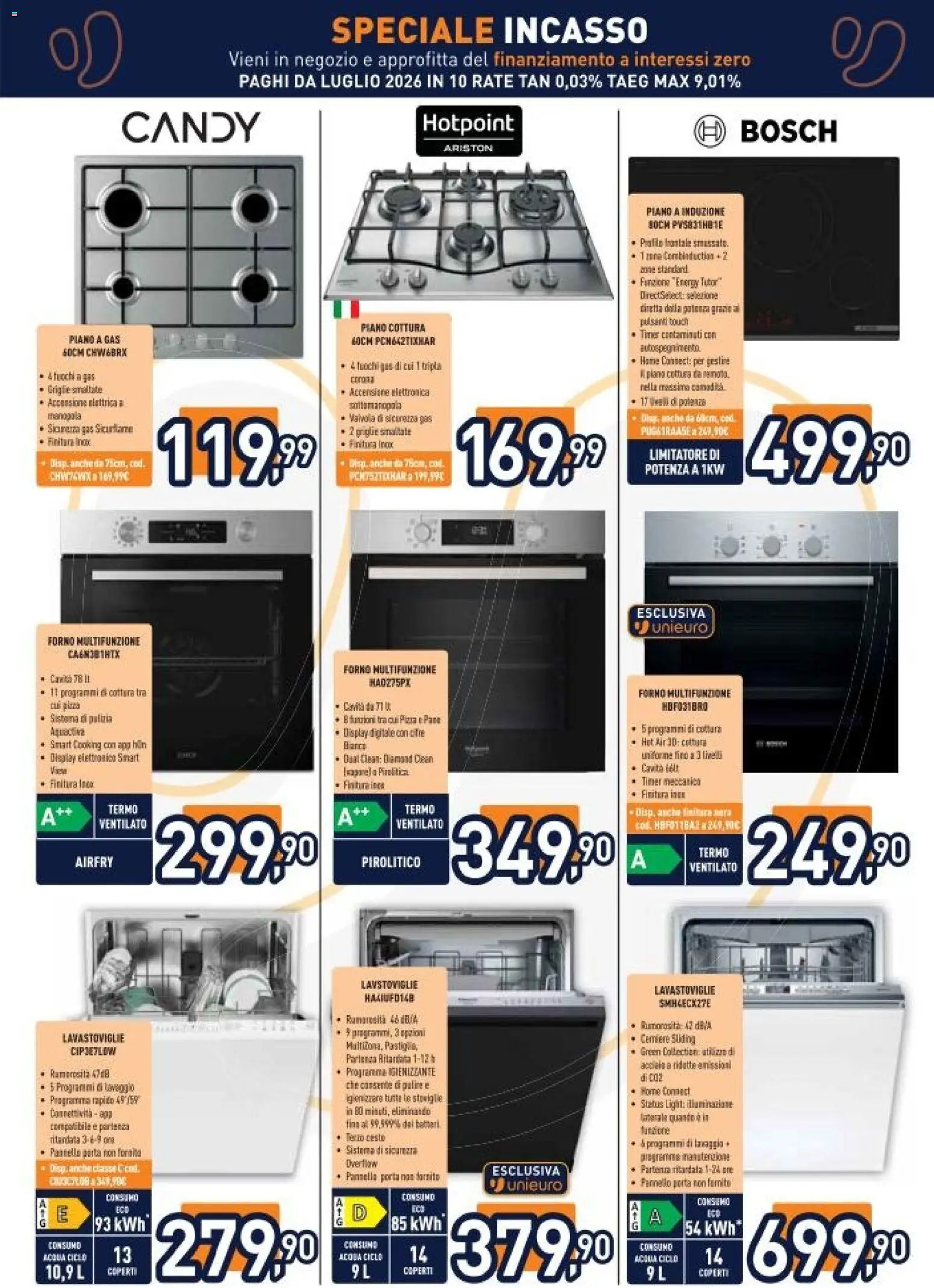 Volantino Unieuro del 03.04.2026 | Pagina: 7 | Prodotti: Pizza, Acqua, Piano cottura, Forno