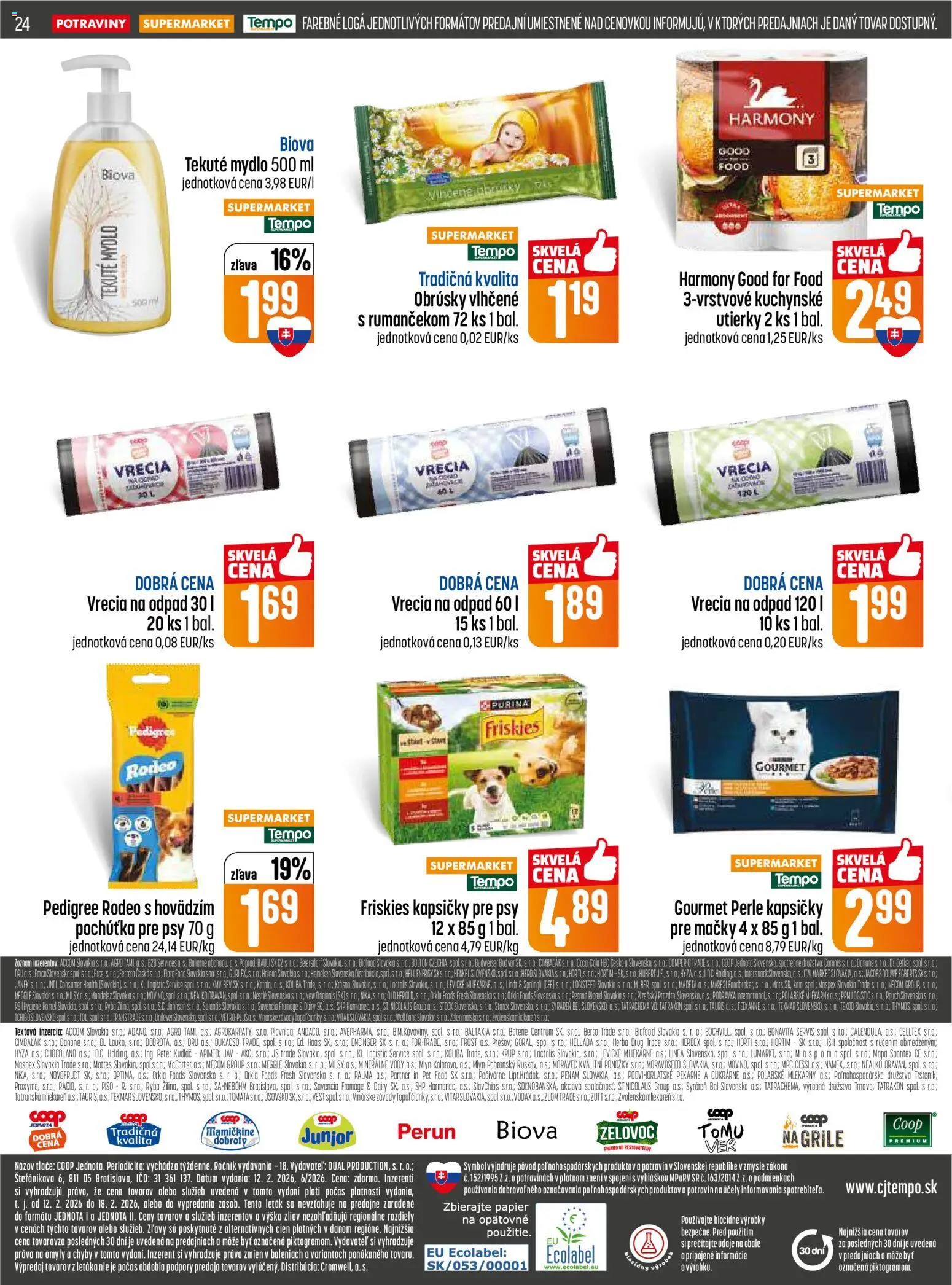 Nové COOP Jednota akcie – leták je platný od 12.02.2026 | Strana: 24 | Produkty: Friskies, Lindt, Ryba, Flora