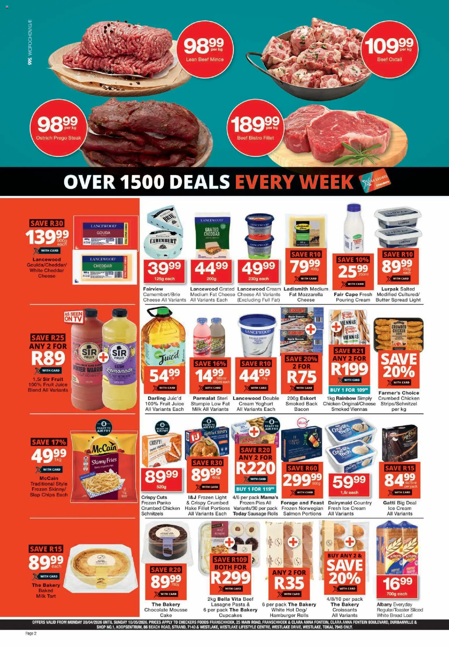 New Checkers catalogue – valid from 20.04.2026 | Page: 2 | Products: Bakery, Cream, Ice cream, Sausage