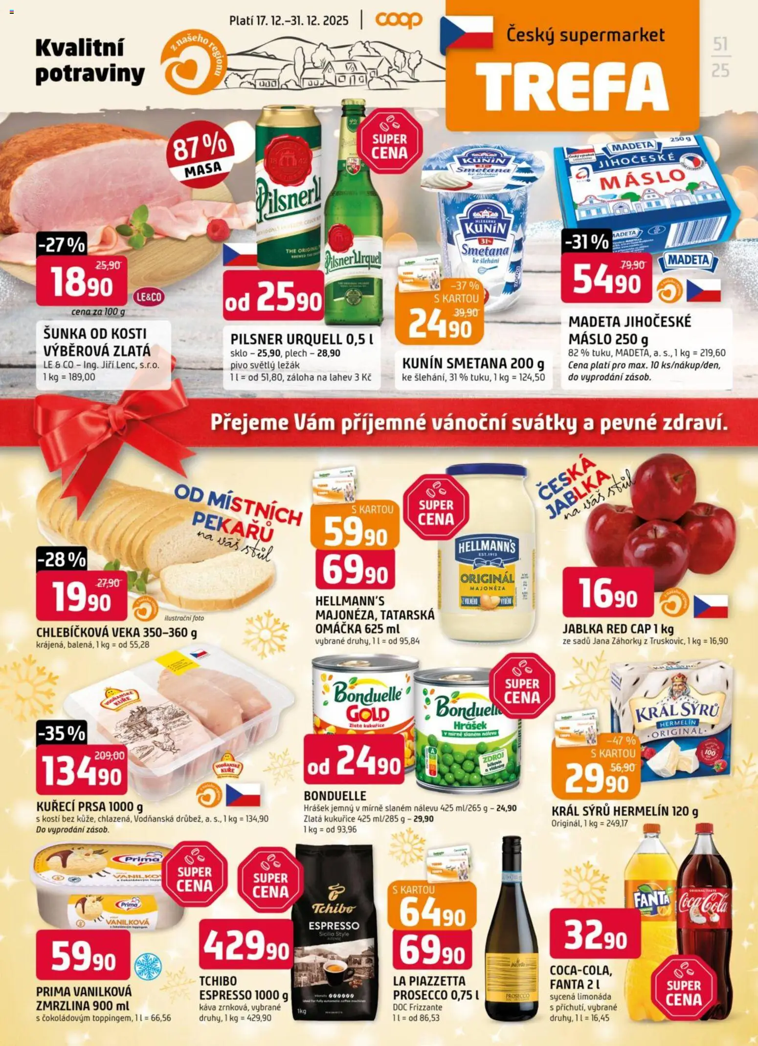 Trefa leták od 17.12.2025 | Strana: 1 | Produkty: Šunka od kosti, Tchibo, Fanta, Hrášek