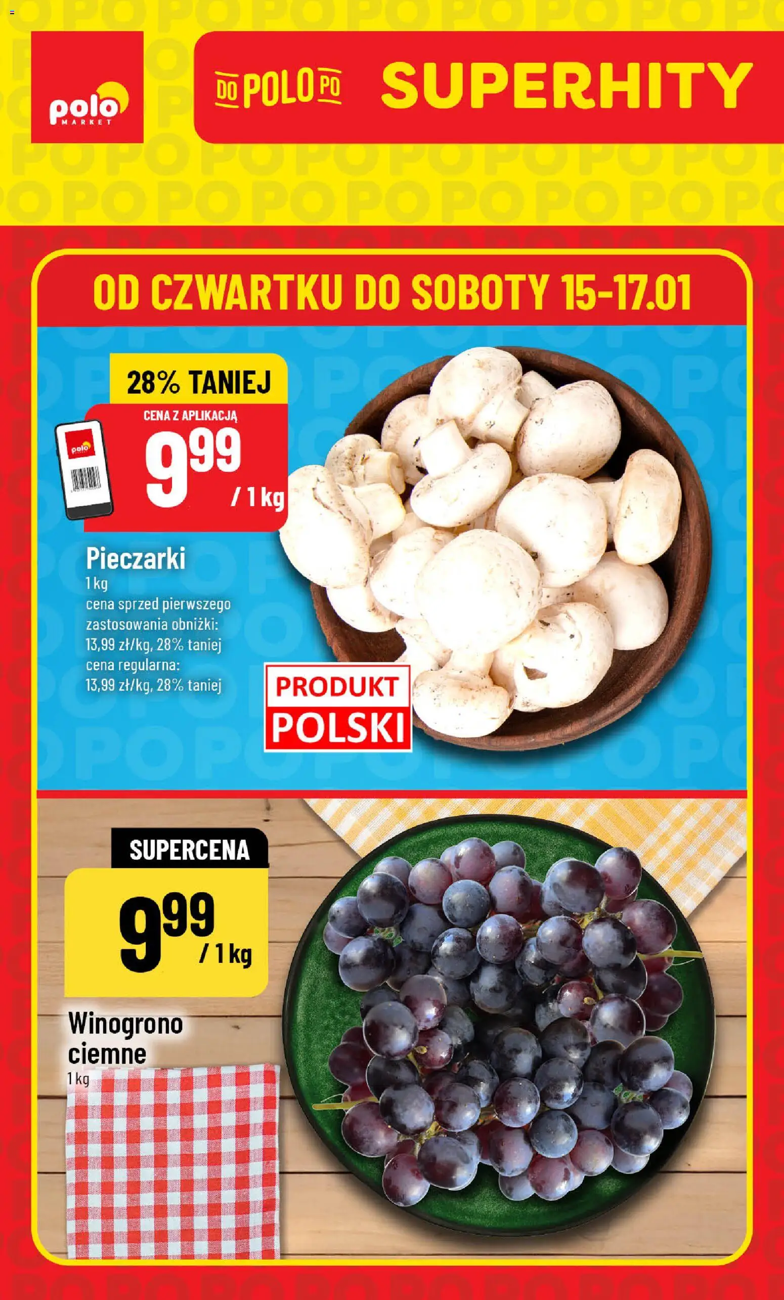 POLOmarket Gazetka - Super Hity od 15.01.2026 | Strona: 1 | Produkty: Winogrono, Pieczarki
