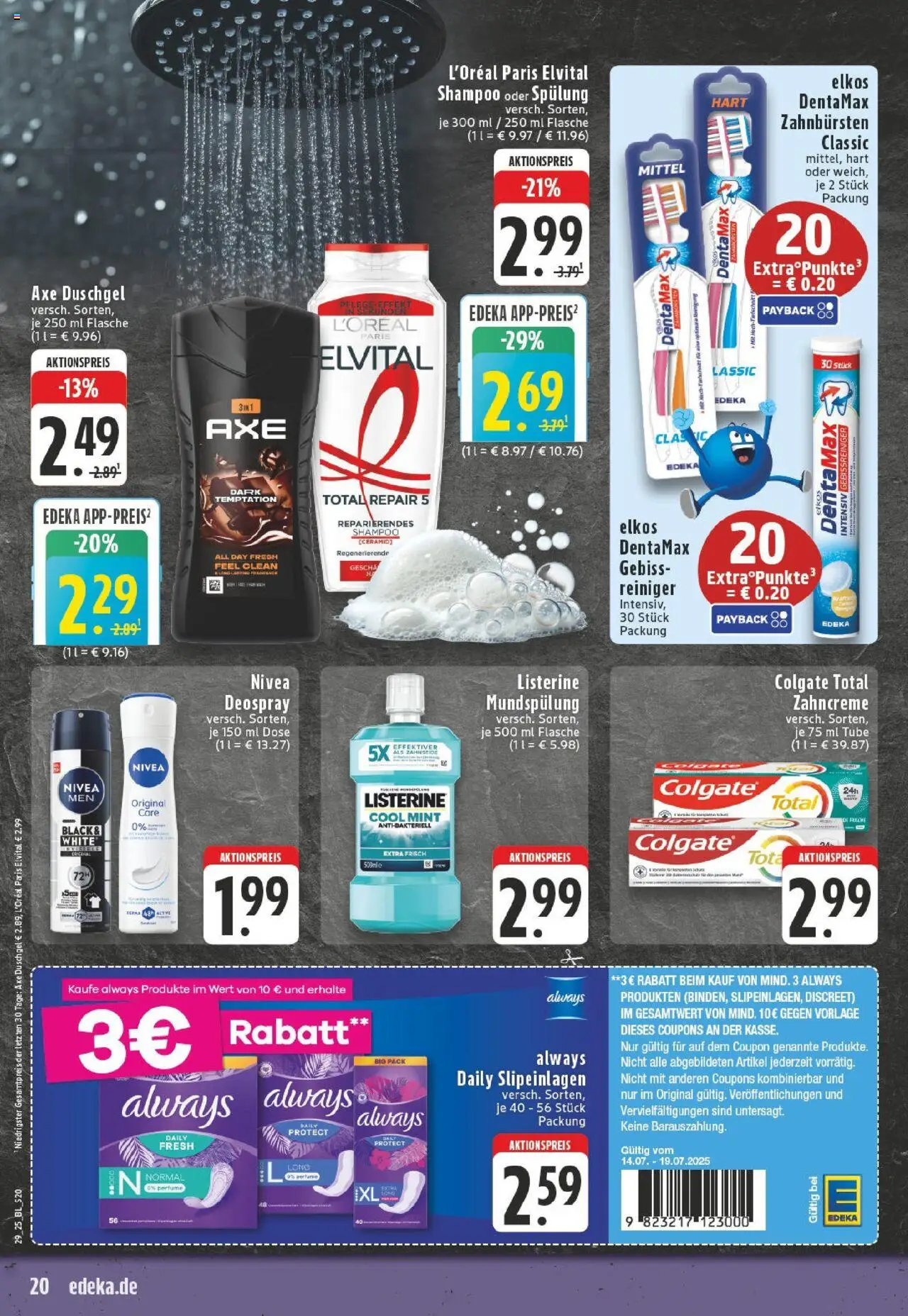 Edeka prospekt Versmold	 - gültig ab dem 13.07.2025 | Seite: 20 | Produkte: Shampoo, Deodorant, Shower Gel, Deospray