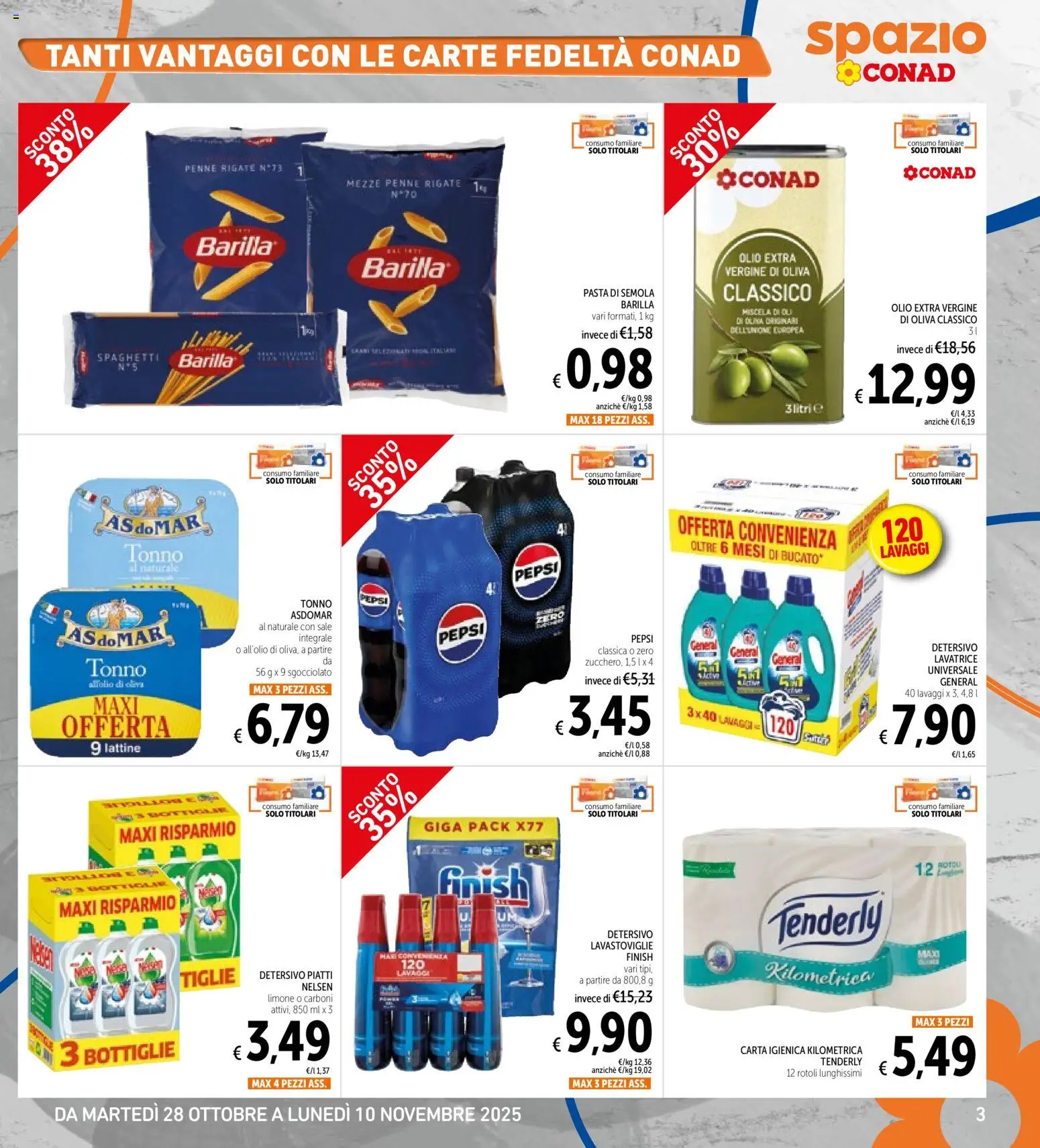 Volantino Spazio Conad del 28.10.2025 | Pagina: 3 | Prodotti: Carta igienica, Olio, Pasta, Olio extra vergine