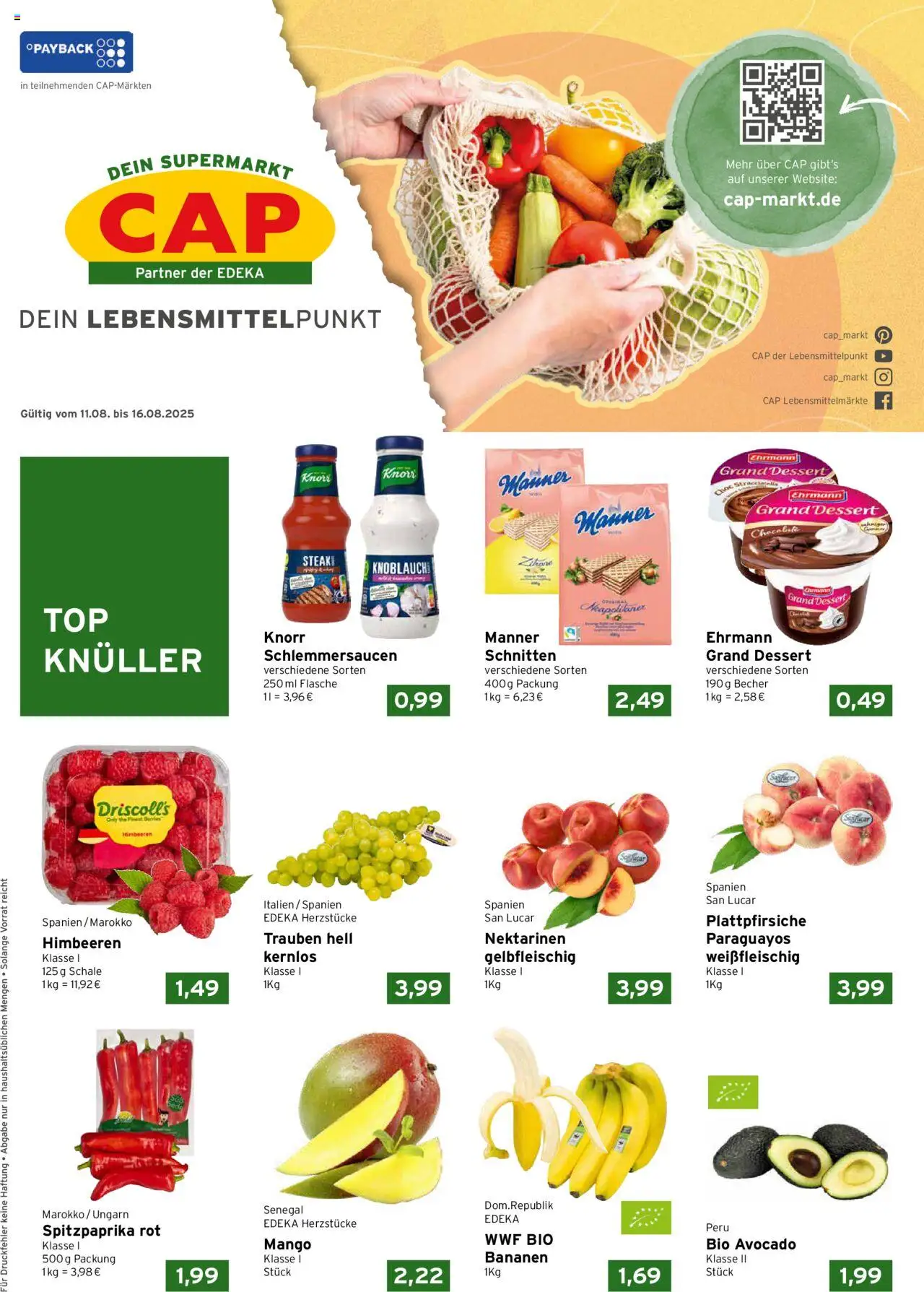 CAP Markt Prospekt - gültig ab dem 11.08.2025 | Seite: 1 | Produkte: Trauben, Bananen, Knorr, Mango