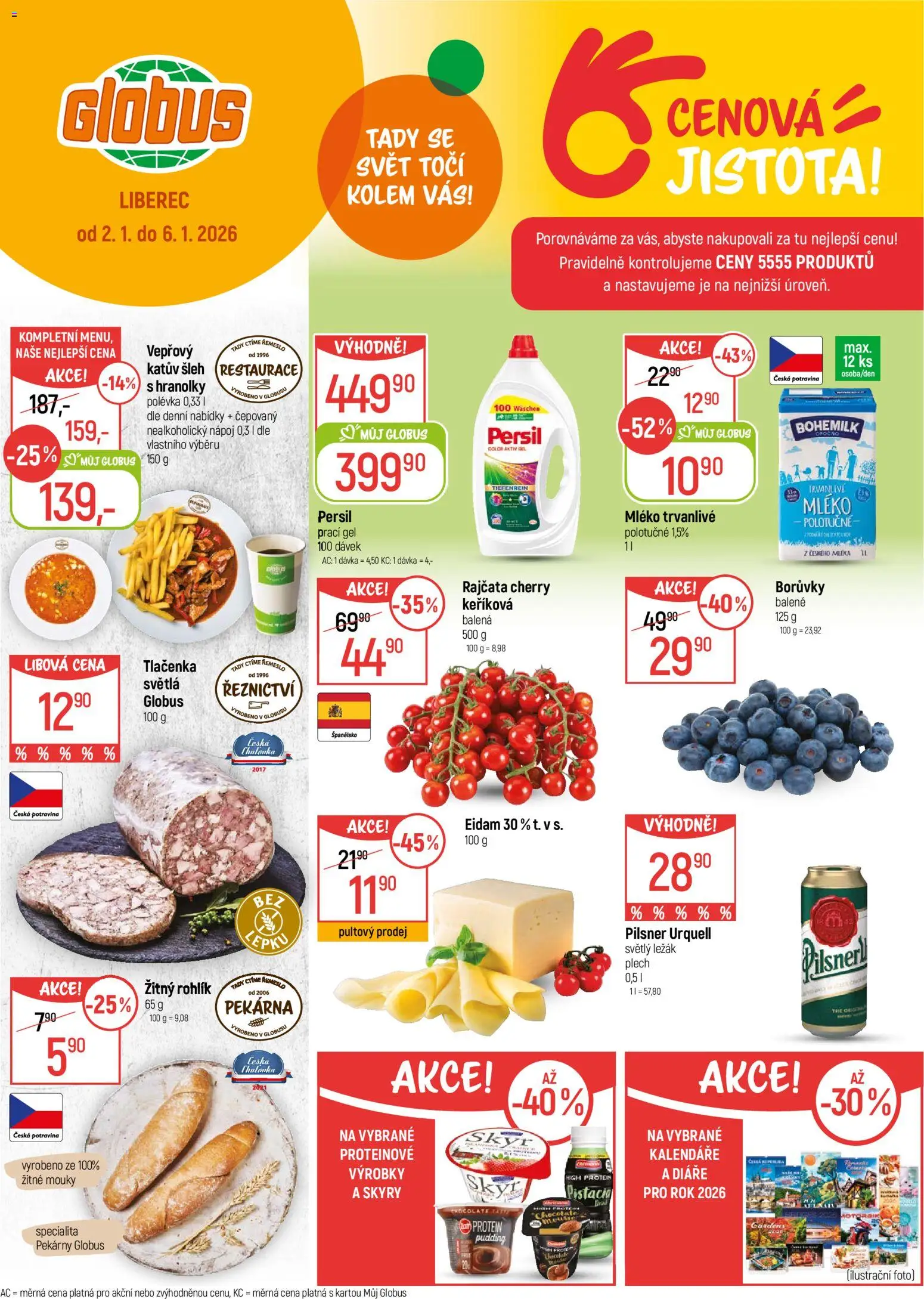 Globus leták - Liberec od 02.01.2026 | Strana: 1 | Produkty: Globus, Mléko, Rajčata, Protein