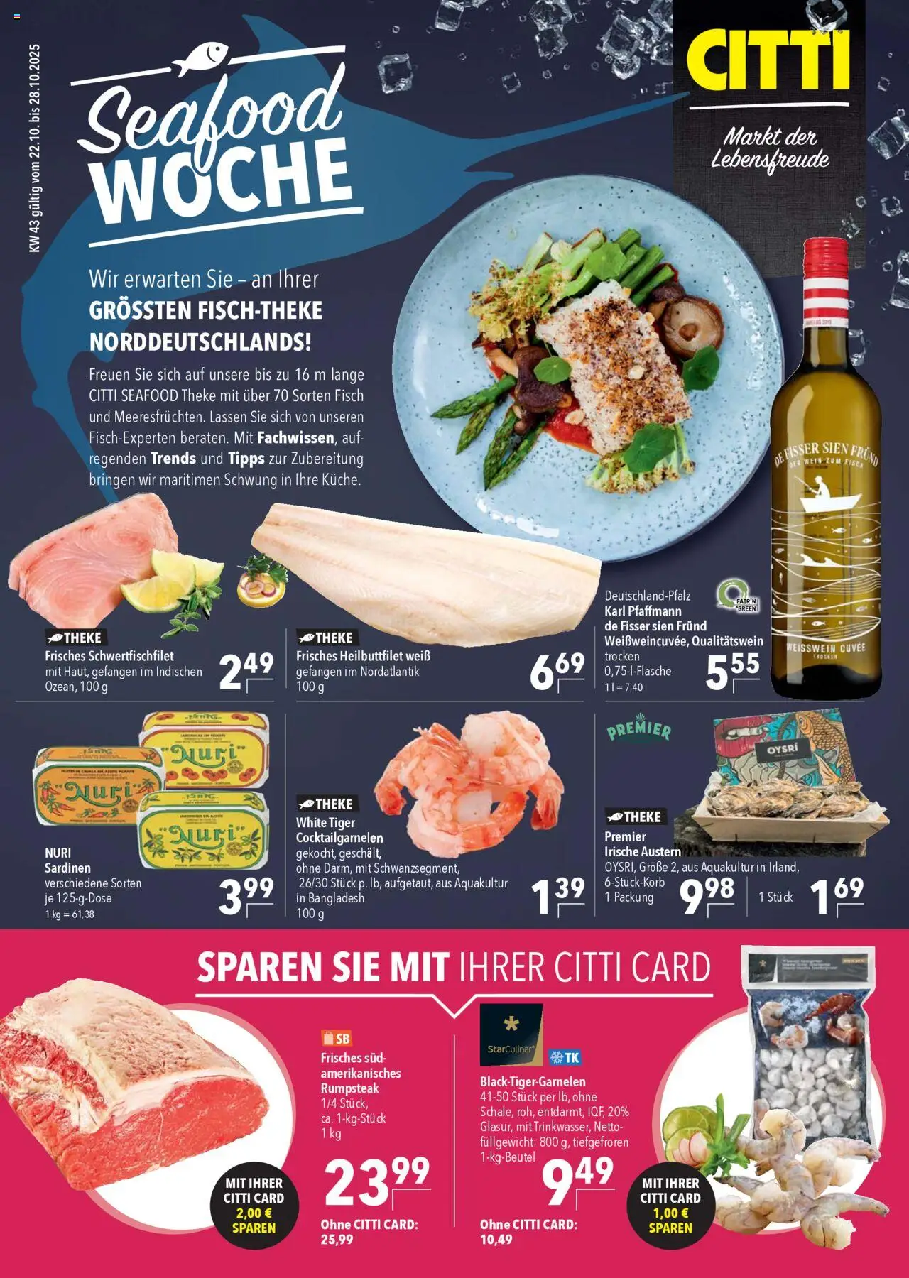 CITTI Markt Prospekt 	 – gültig ab 22.10.2025 | Seite: 1 | Produkte: Rumpsteak, Weißwein, Fisch, Wein