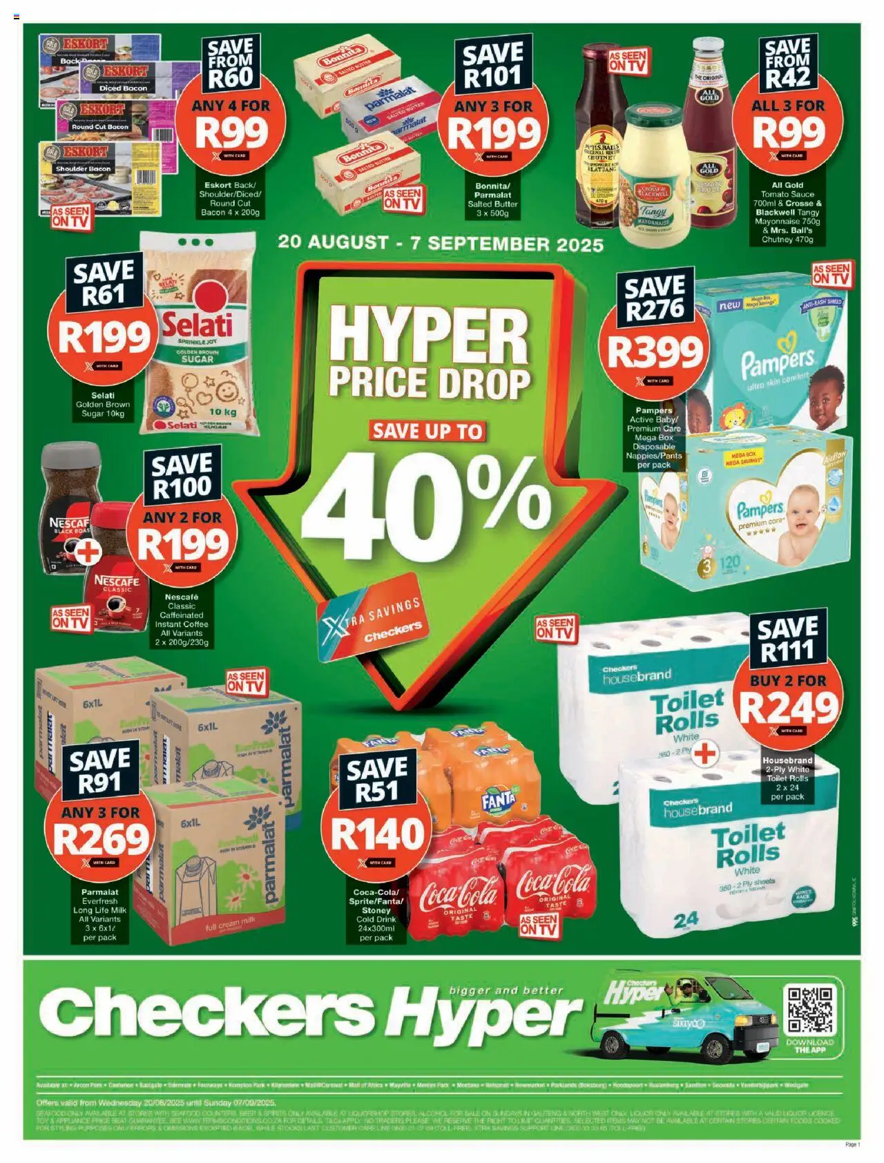 Checkers Gauteng - Hyper Price Drop Promotion │ valid from 20.08.2025 | Page: 1 | Products: Fanta, Cream, Seafood, Bacon