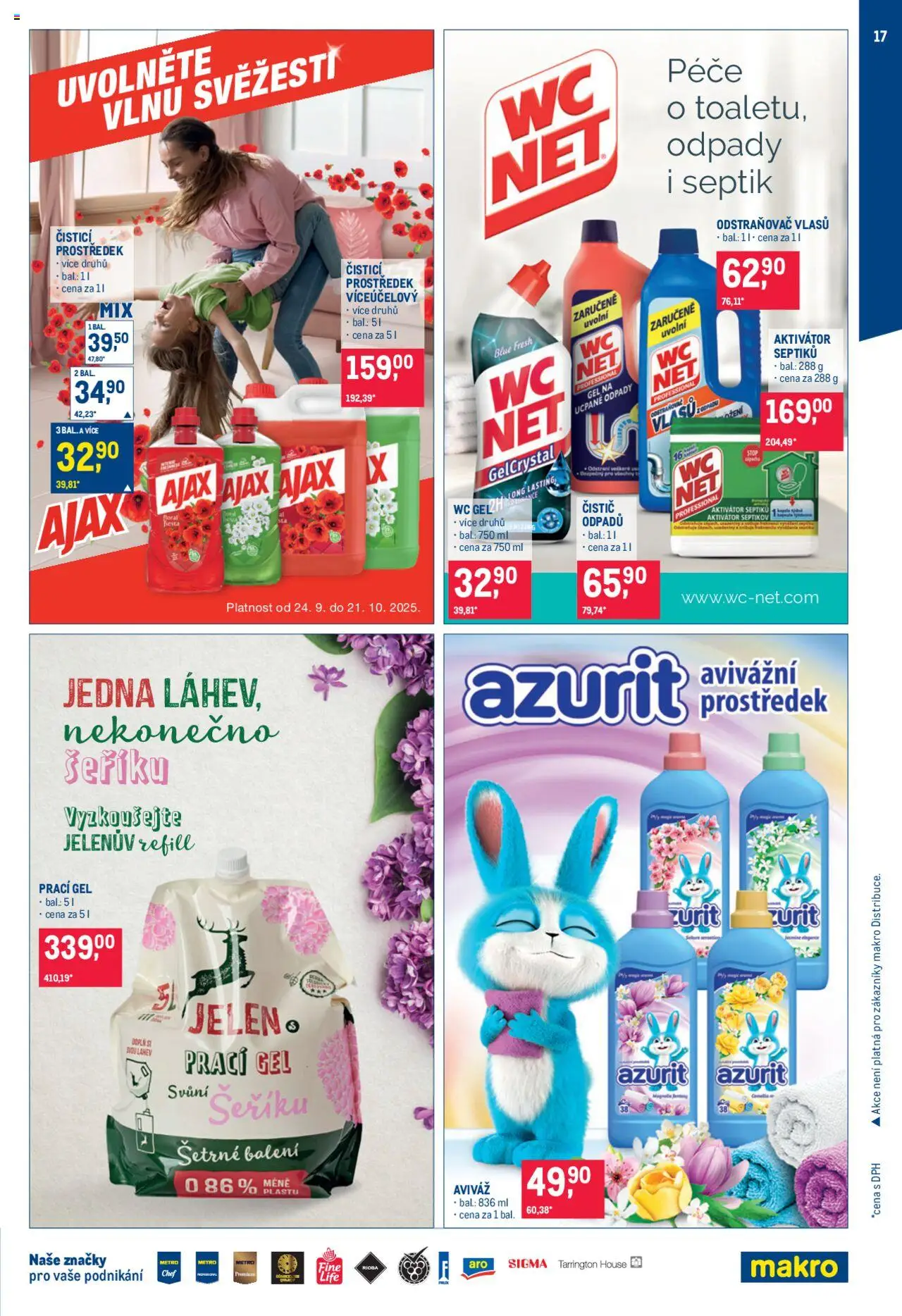 Makro leták - Úklid od 24.09.2025 | Strana: 17 | Produkty: Prací gel, Ajax, Wc, Láhev