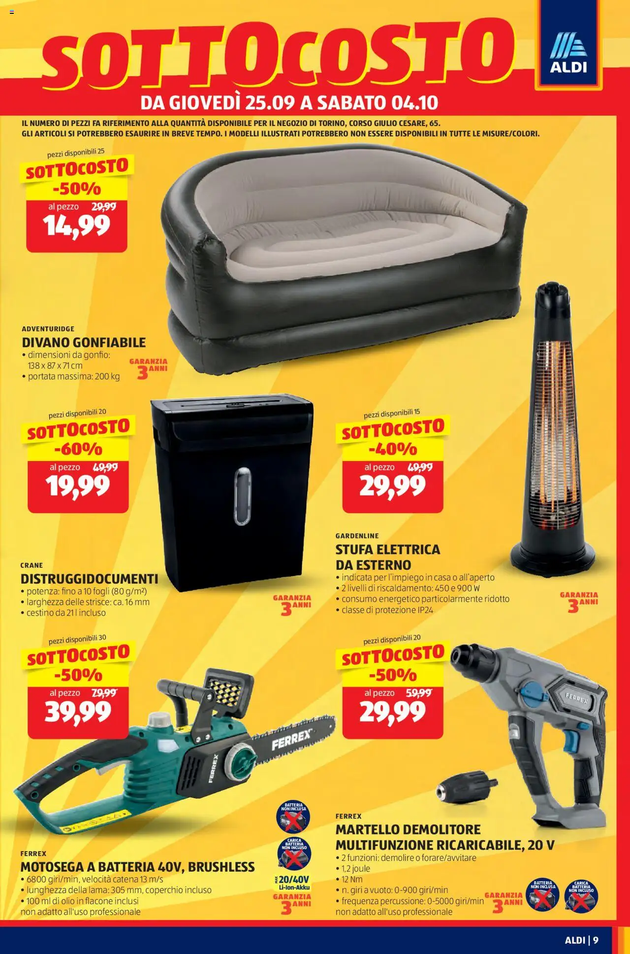 Volantino Aldi del 25.09.2025 | Pagina: 9 | Prodotti: Stufa, Martello, Batteria, Cestino