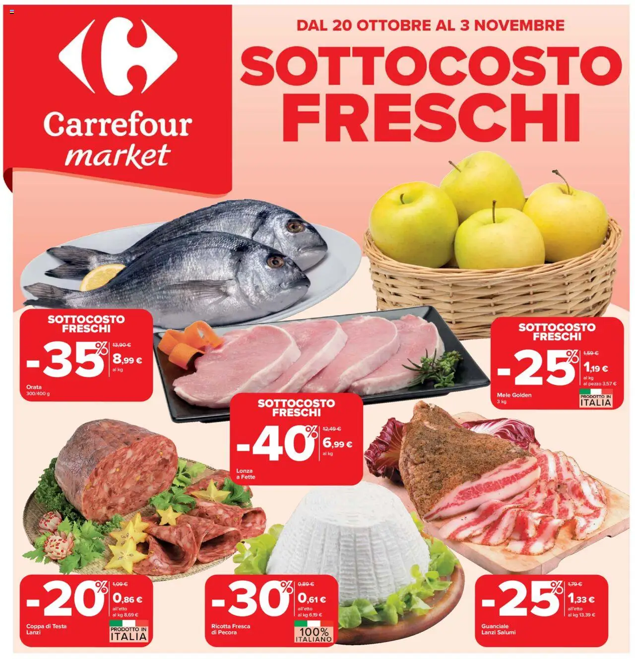 Volantino Carrefour del 20.10.2025 | Pagina: 1 | Prodotti: Mele, Orata, Ricotta, Guanciale