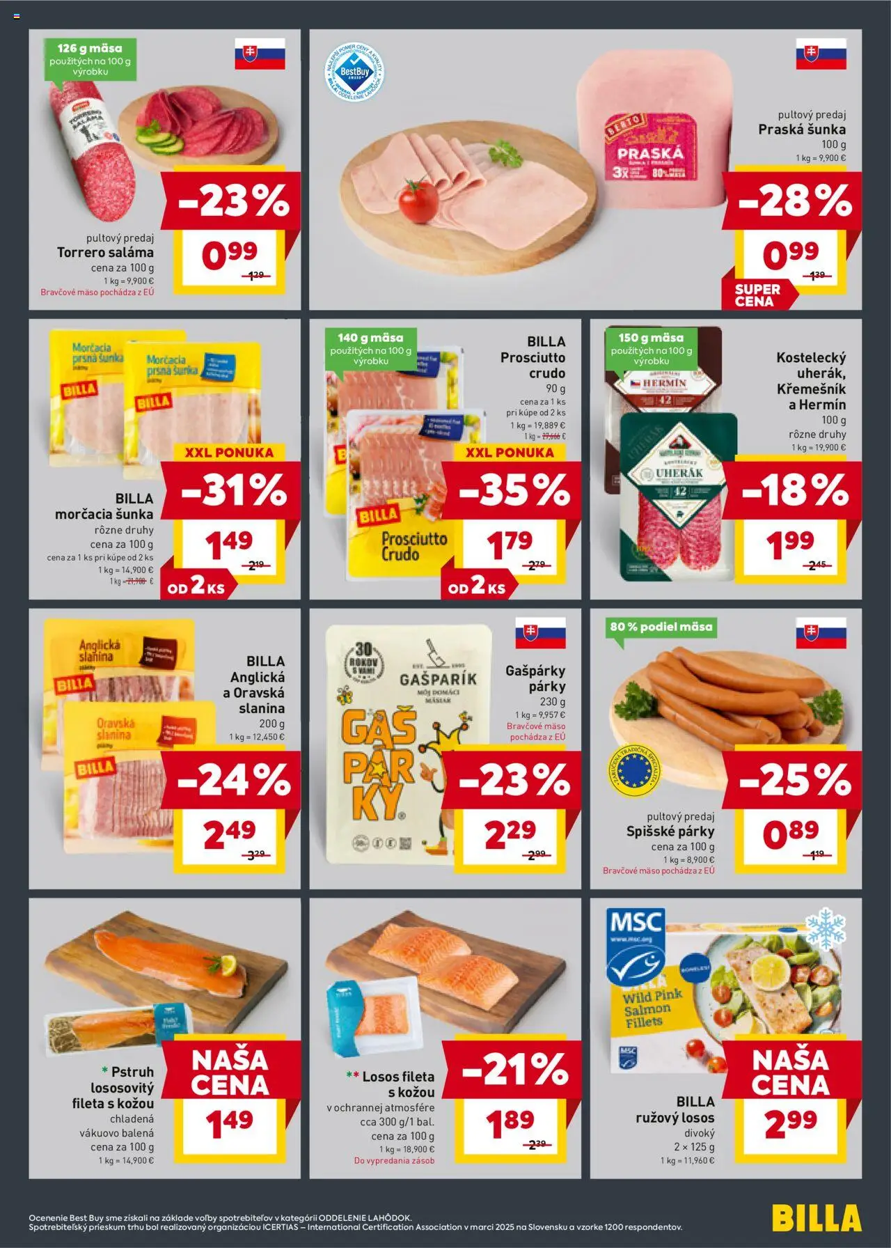 Nové Billa akcie – leták je platný od 22.10.2025 | Strana: 7 | Produkty: Šunka, Pstruh, Losos, Párky