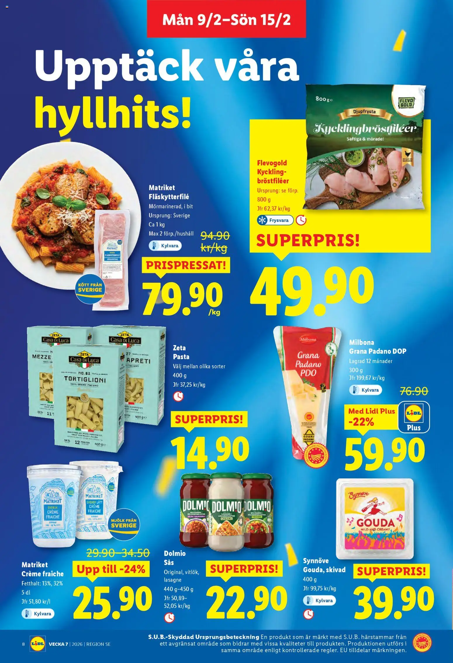 Lidl reklamblad aktuell från 09.02.2026 | Sida: 9 | Produkter: Fläskytterfilé, Creme fraiche, Mjölk, Pasta
