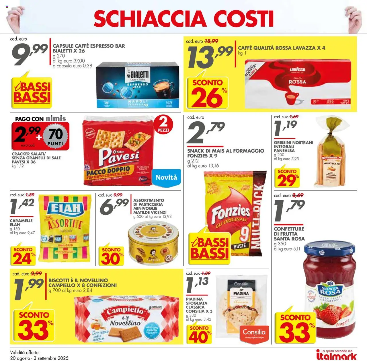 Volantino Italmark del 20.08.2025 | Pagina: 3 | Prodotti: Caffè, Biscotti, Farina, Piadina