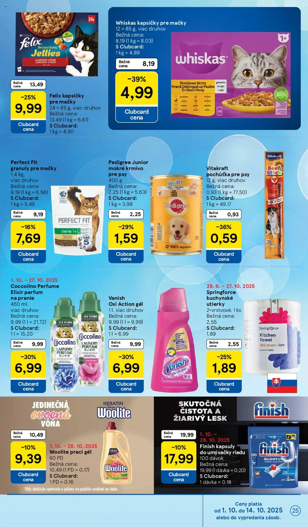 Nové Tesco akcie – leták je platný od 01.10.2025 | Strana: 25 | Produkty: Vanish, Woolite, Whiskas, Coccolino