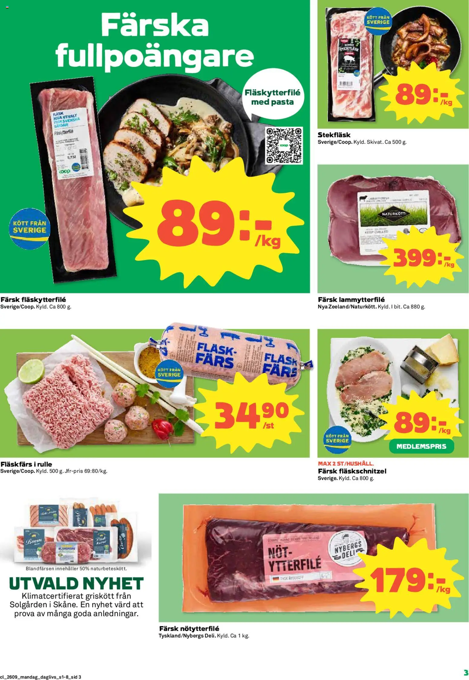 Coop Daglivs reklamblad aktuell från 23.02.2026 | Sida: 3 | Produkter: Fläskytterfilé, Fläsk, Pasta