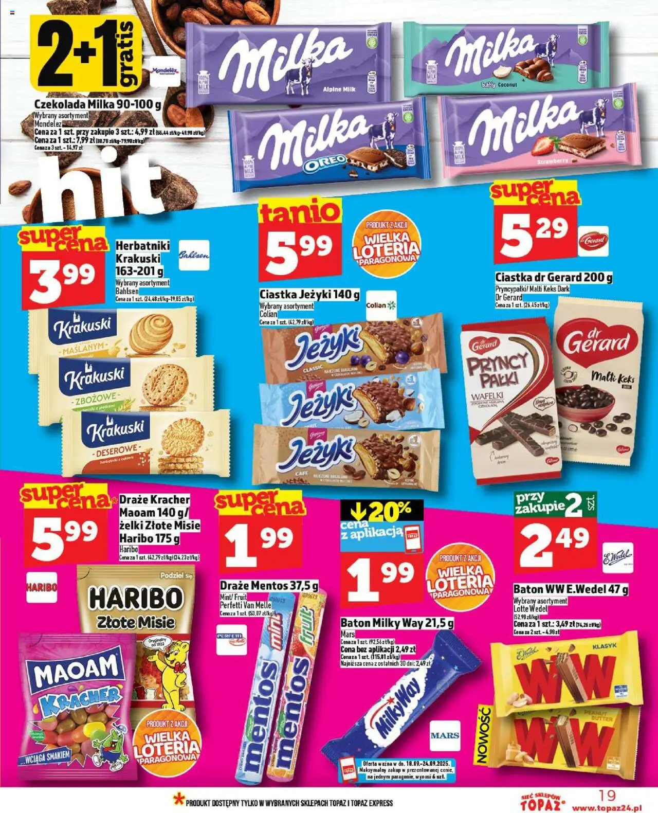 Topaz Gazetka MAZ od 18.09.2025 | Strona: 19 | Produkty: Czekolada milka, Baton, Wafelki, Żelki