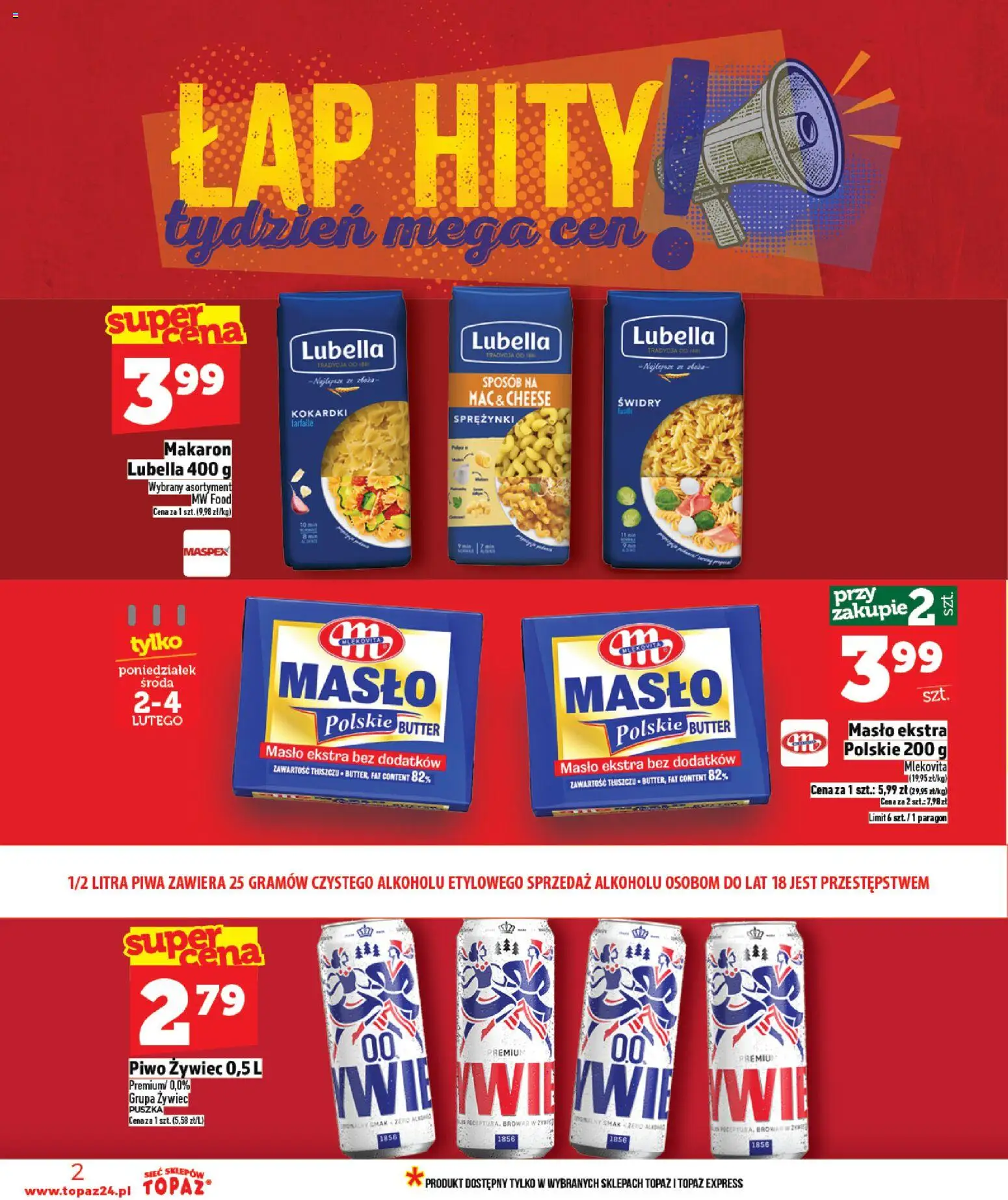 Topaz Gazetka od 29.01.2026 | Strona: 2 | Produkty: Masło, Piwo, Makaron