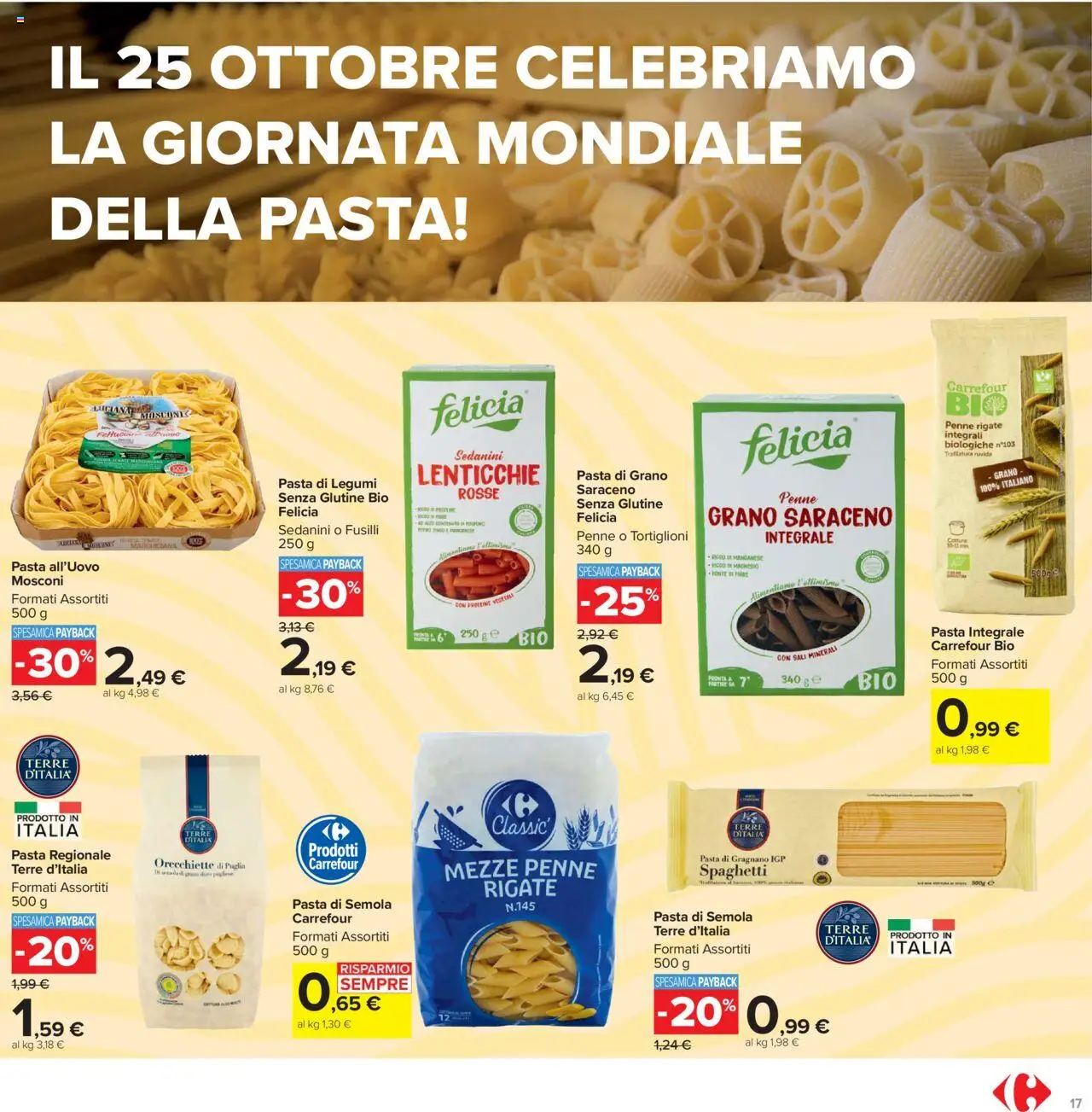 Volantino Carrefour del 20.10.2025 | Pagina: 17 | Prodotti: Fusilli, Orecchiette, Penne, Fettuccine
