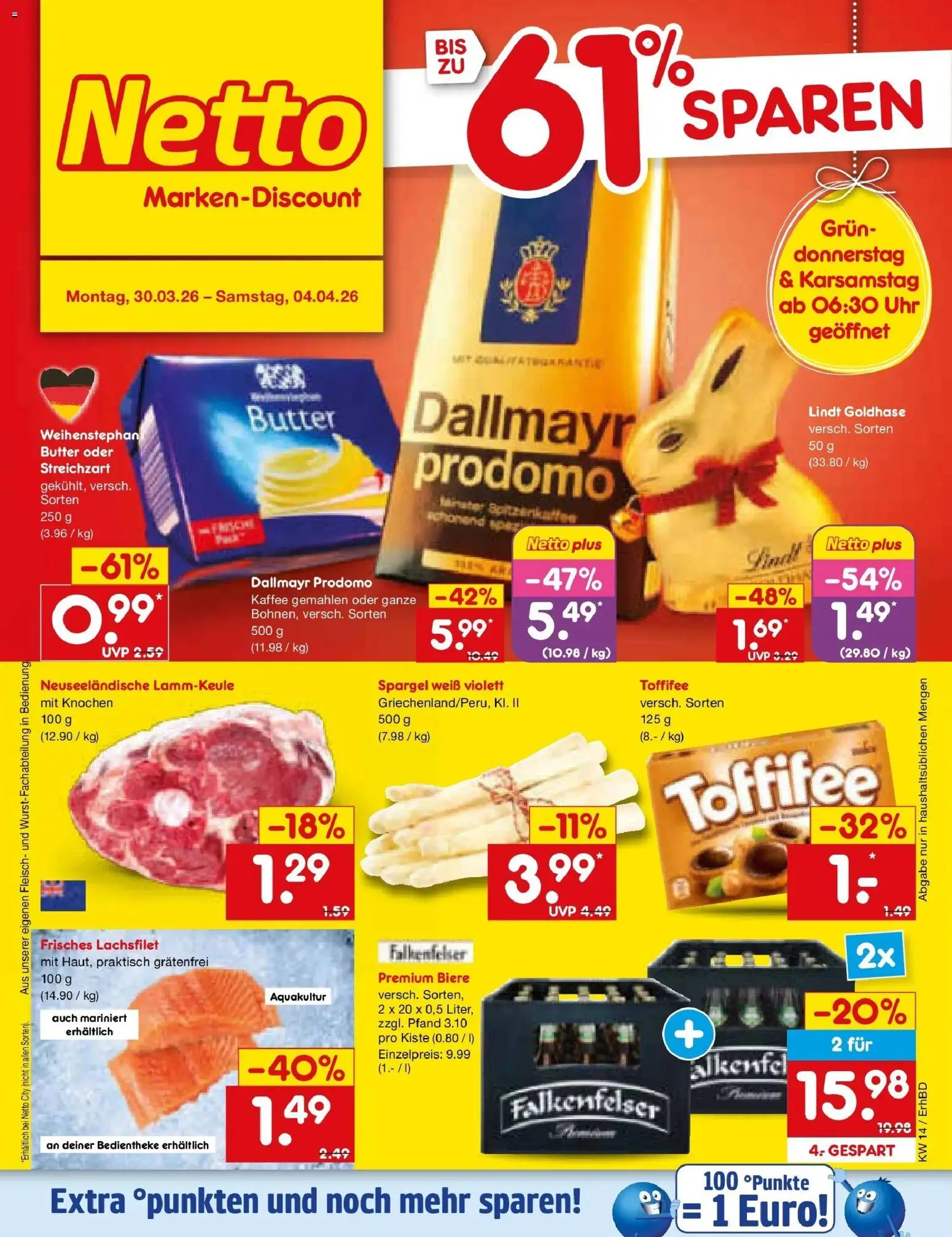 Netto Marken-Discount Prospekt Velden	 – gültig ab 30.03.2026 | Seite: 1 | Produkte: Lammkeule, Spargel, Dallmayr prodomo, Uhr