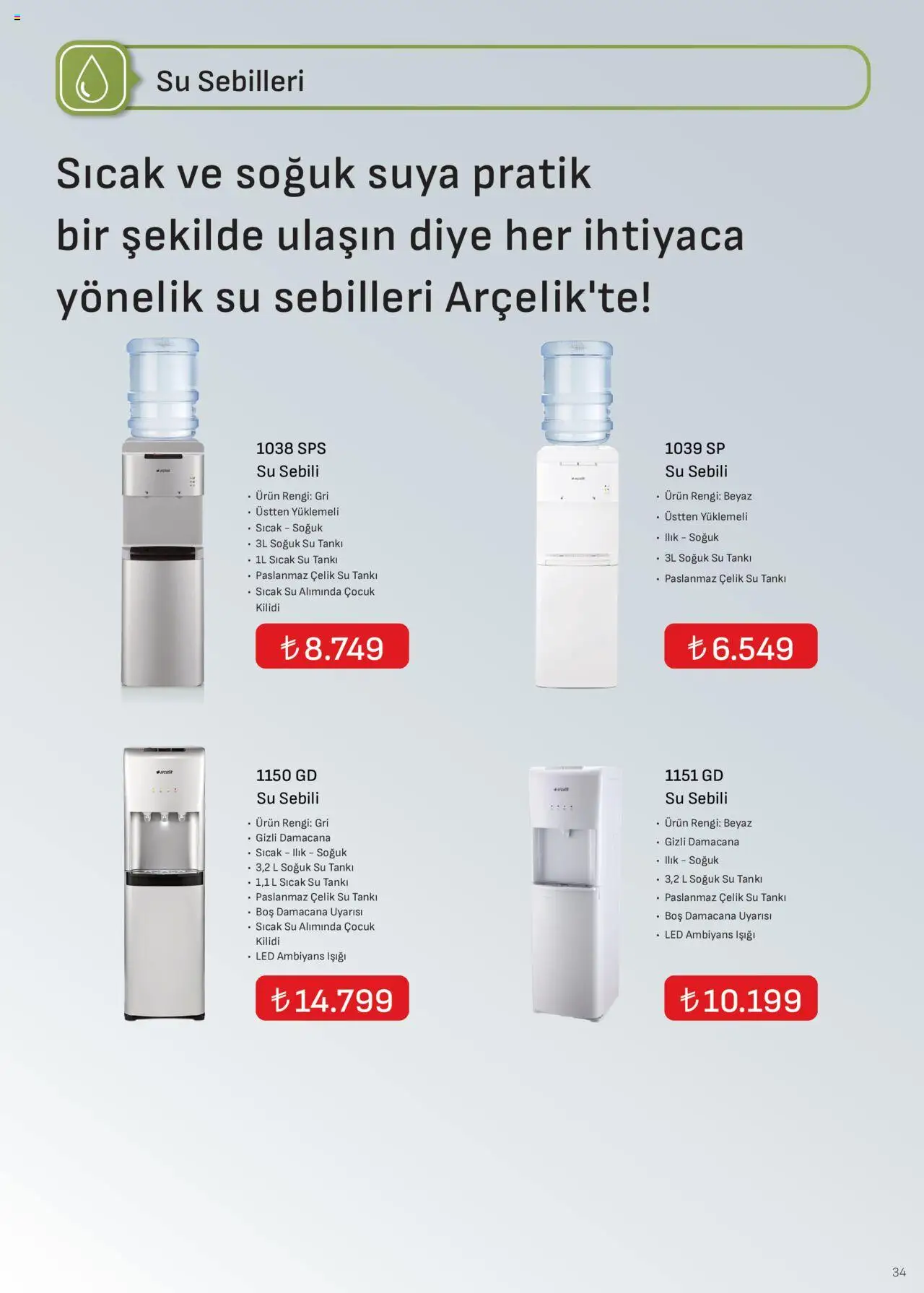 Arçelik İklimlendirme Kataloğu - 16.10.2025 tarihinden itibaren geçerlidir | Sayfa: 34 | Ürünler: Su, Su sebili