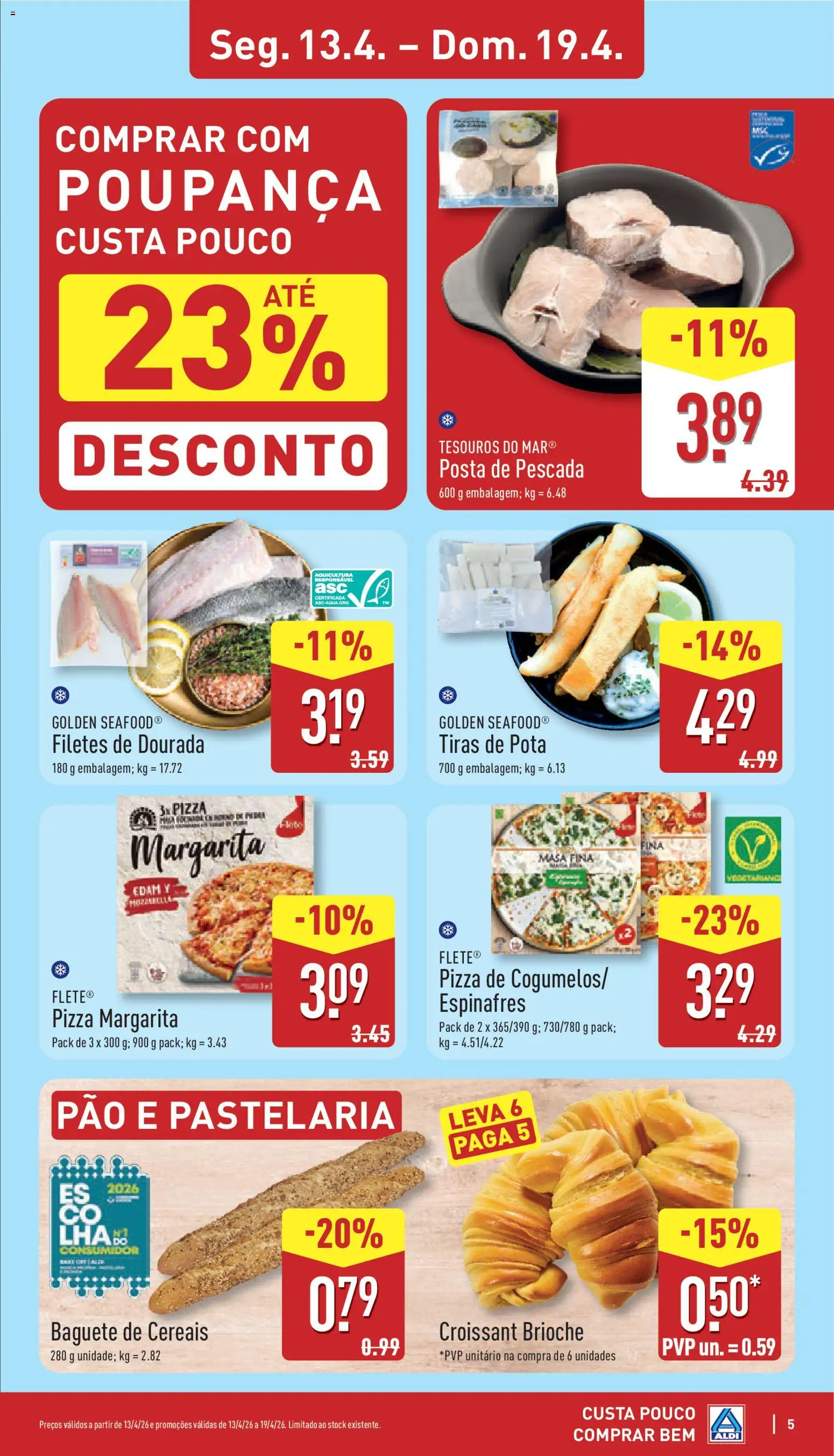 Aldi folheto │ válido de 13.04.2026 | Página: 5 | Produtos: Espinafres, Pescada, Pão, Pizza